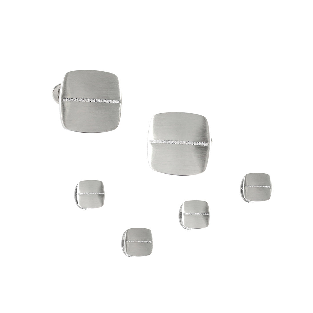 Brushed Soft Square Sterling Silver Cufflinks and Tuxedo Studs with Diamonds I Jan Leslie Cufflinks and Tuxedo Studs. 
