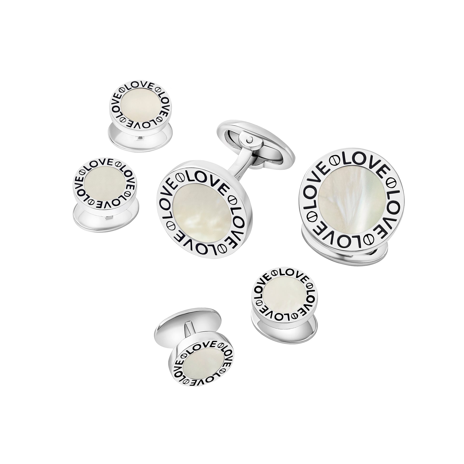 Sterling silver mother of pearl tuxedo cufflinks and shirt stud set with engraved LOVE border inscription, luxury black tie men's jewelry gift set.