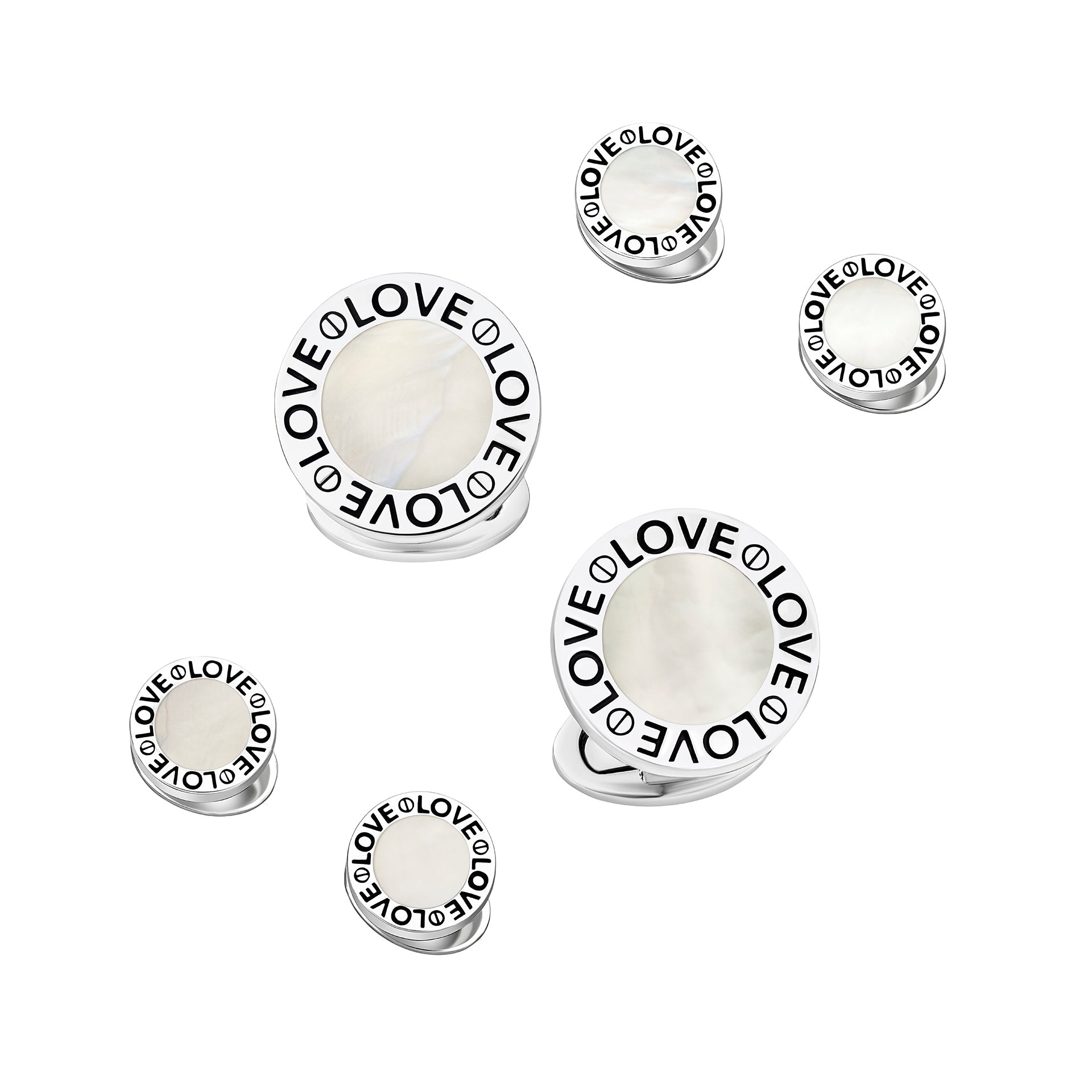 Sterling silver mother of pearl tuxedo cufflinks and shirt stud set with engraved LOVE border inscription, luxury black tie men's jewelry gift set.