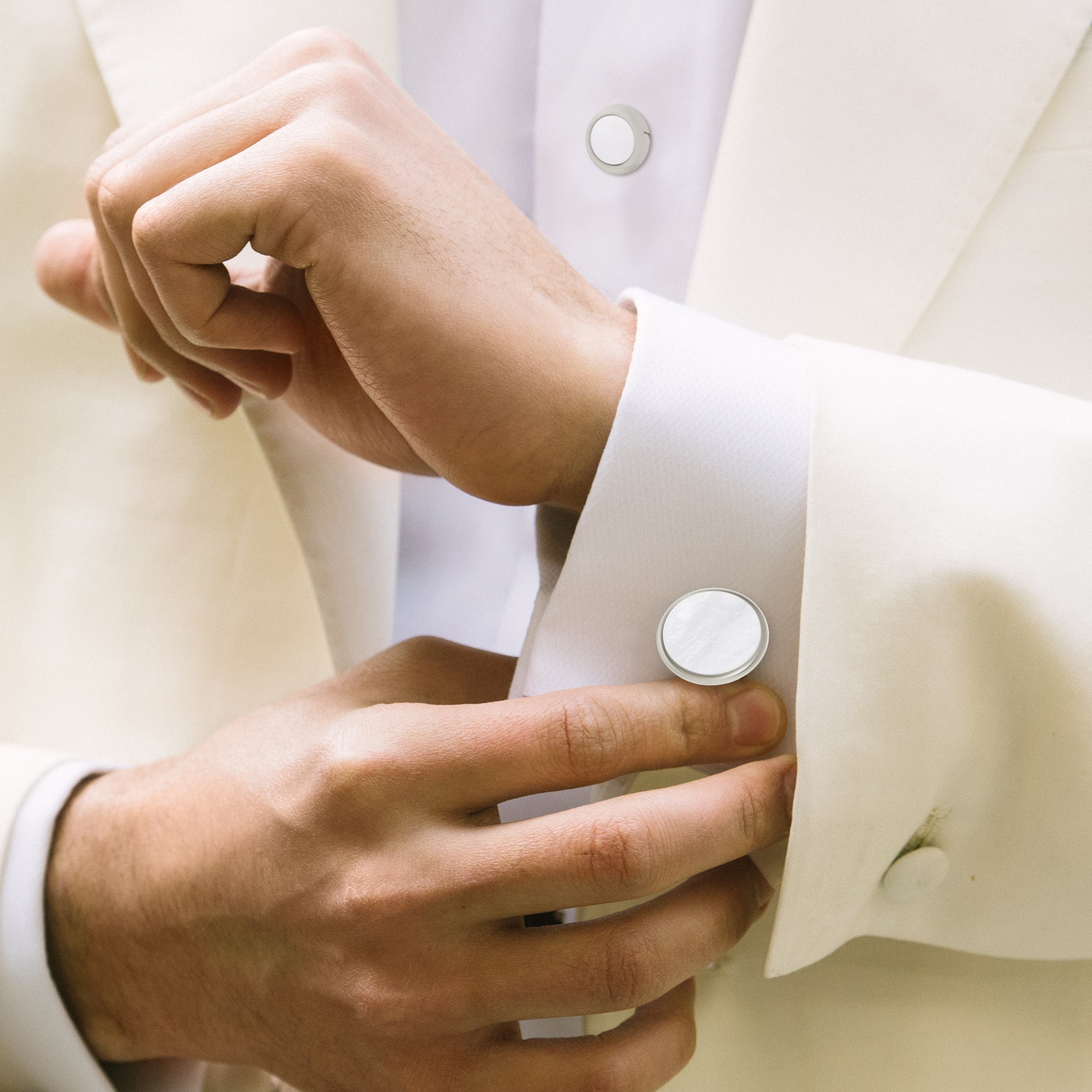  Round Mother-of-Pearl & Polished Sterling Silver Tuxedo Cufflinks & Studs Formal Set on Model in White Tuxedo - Jan Leslie Cufflinks and Accessories