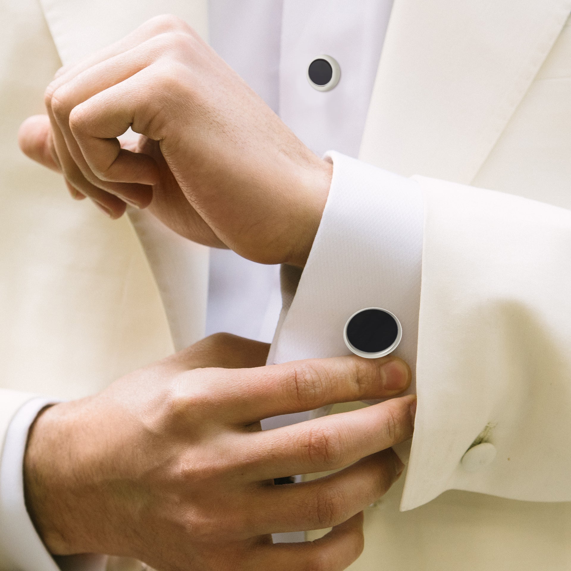 Round Black Onyx & Polished Sterling Silver Tuxedo Cufflinks & Studs Formal Set on Model in White Tuxedo - Jan Leslie Cufflinks and Accessories