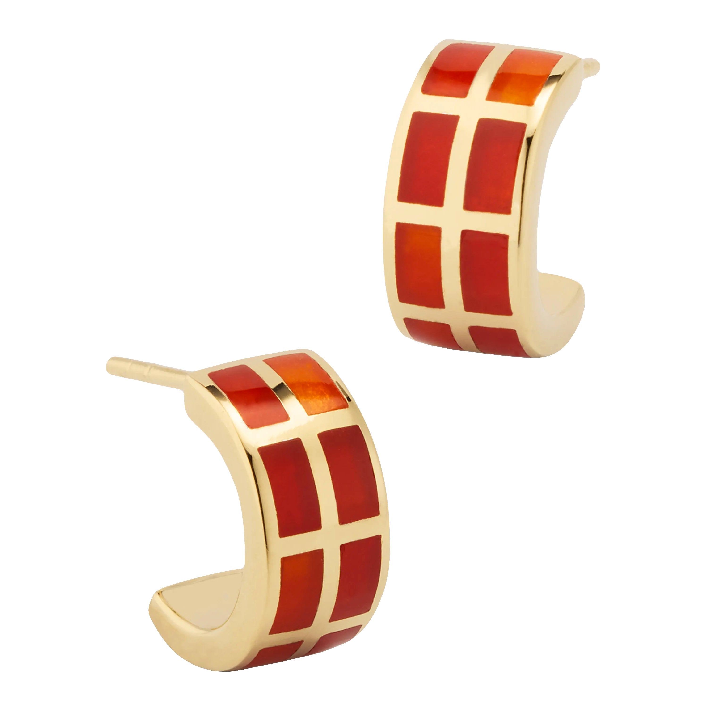 Carnelian tile inlay wide huggie hoop earrings in gold grid setting with push-back posts — Jan Leslie