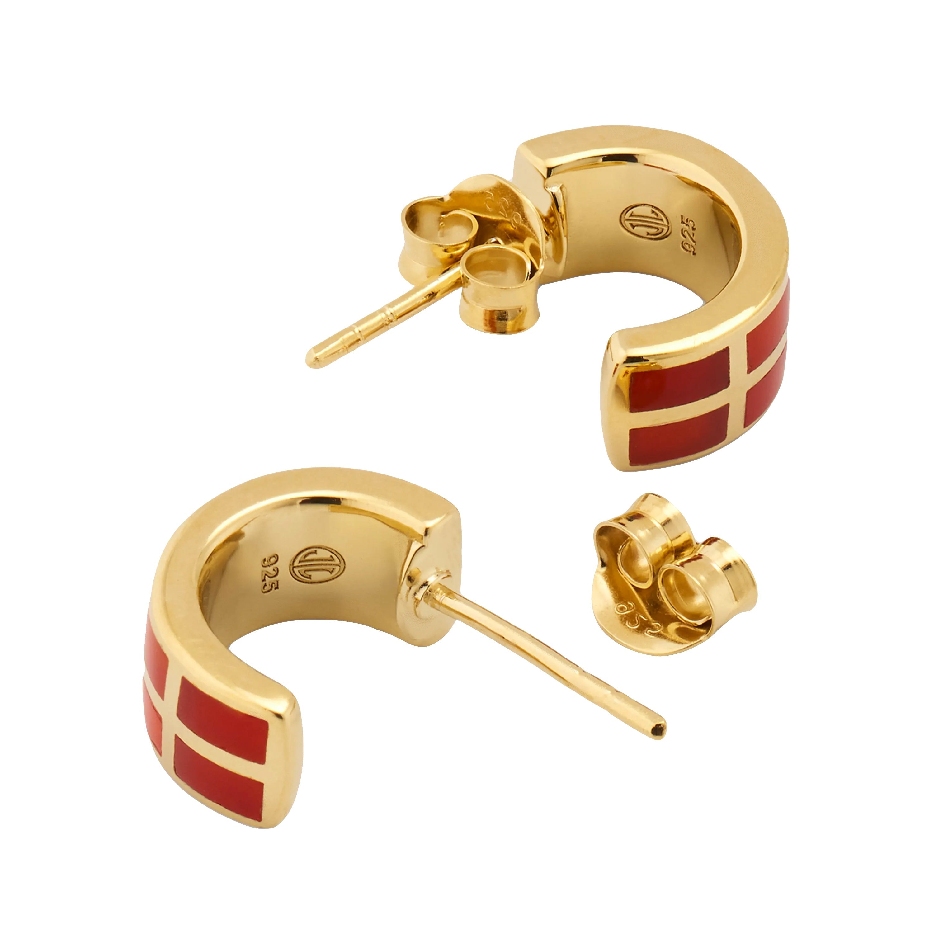 Carnelian tile inlay gold wide huggie hoop earrings, three-quarter studio view — Jan Leslie