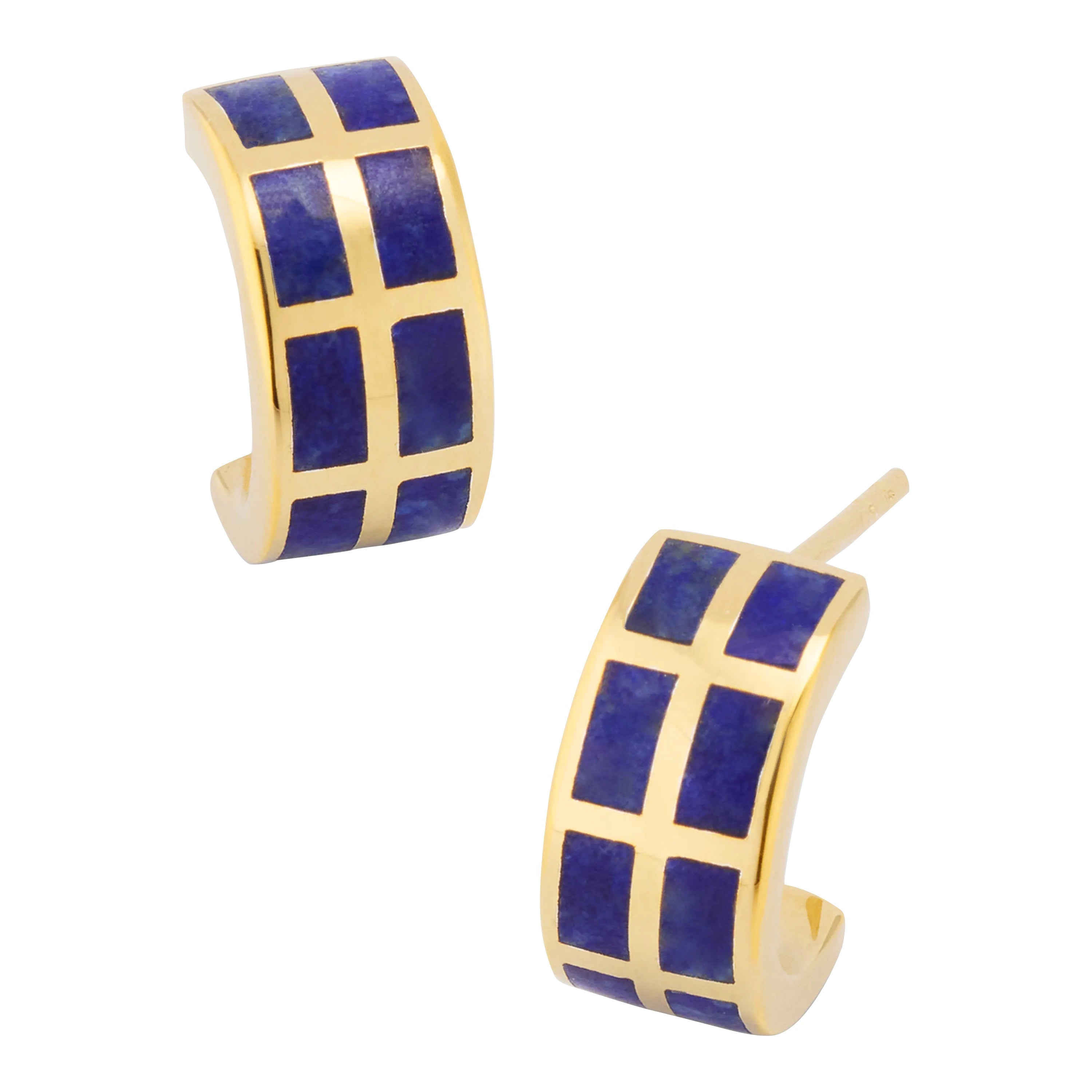 Lapis lazuli tile inlay wide huggie hoop earrings in gold grid setting — Jan Leslie