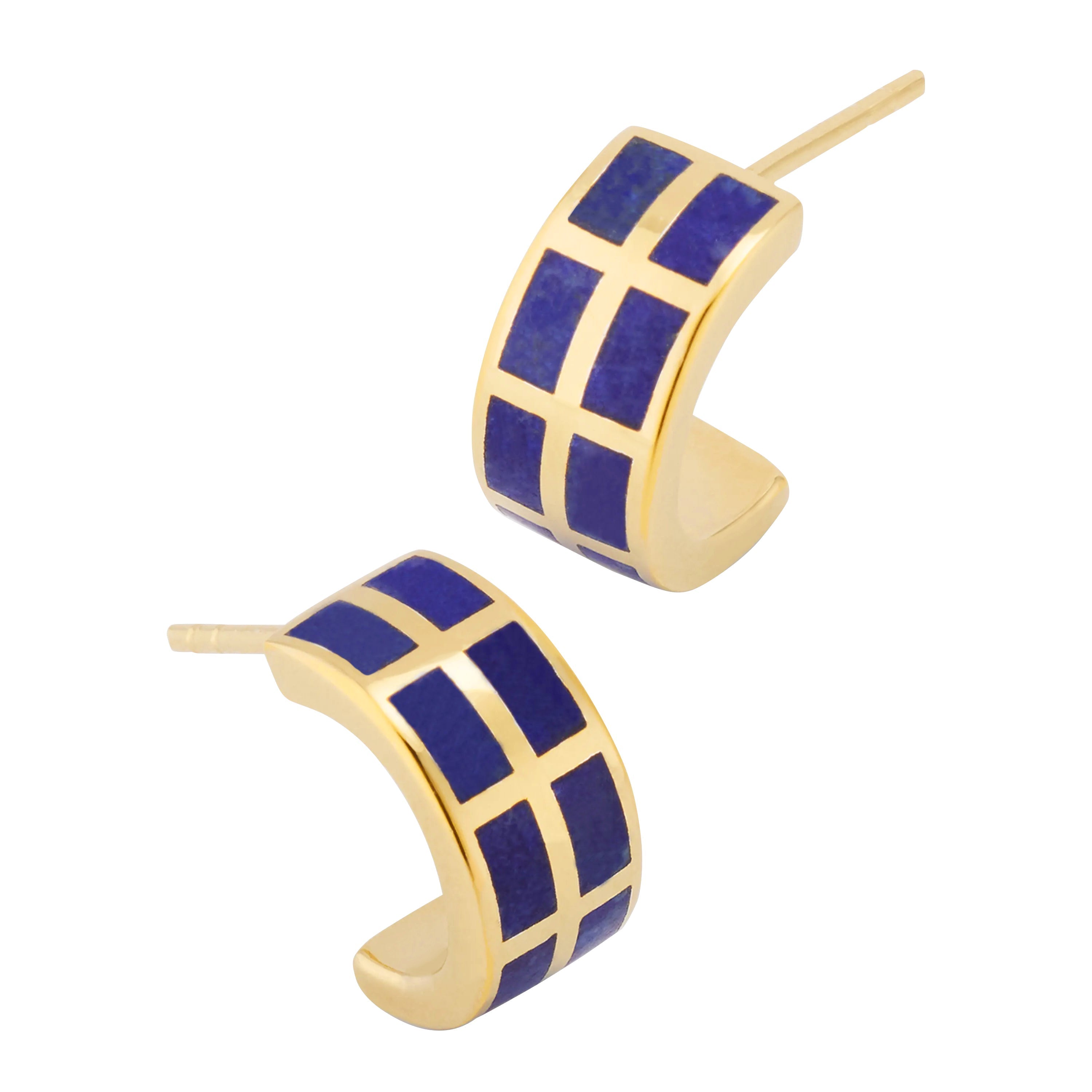 Lapis lazuli tile inlay gold wide huggie hoop earrings, front studio view — Jan Leslie