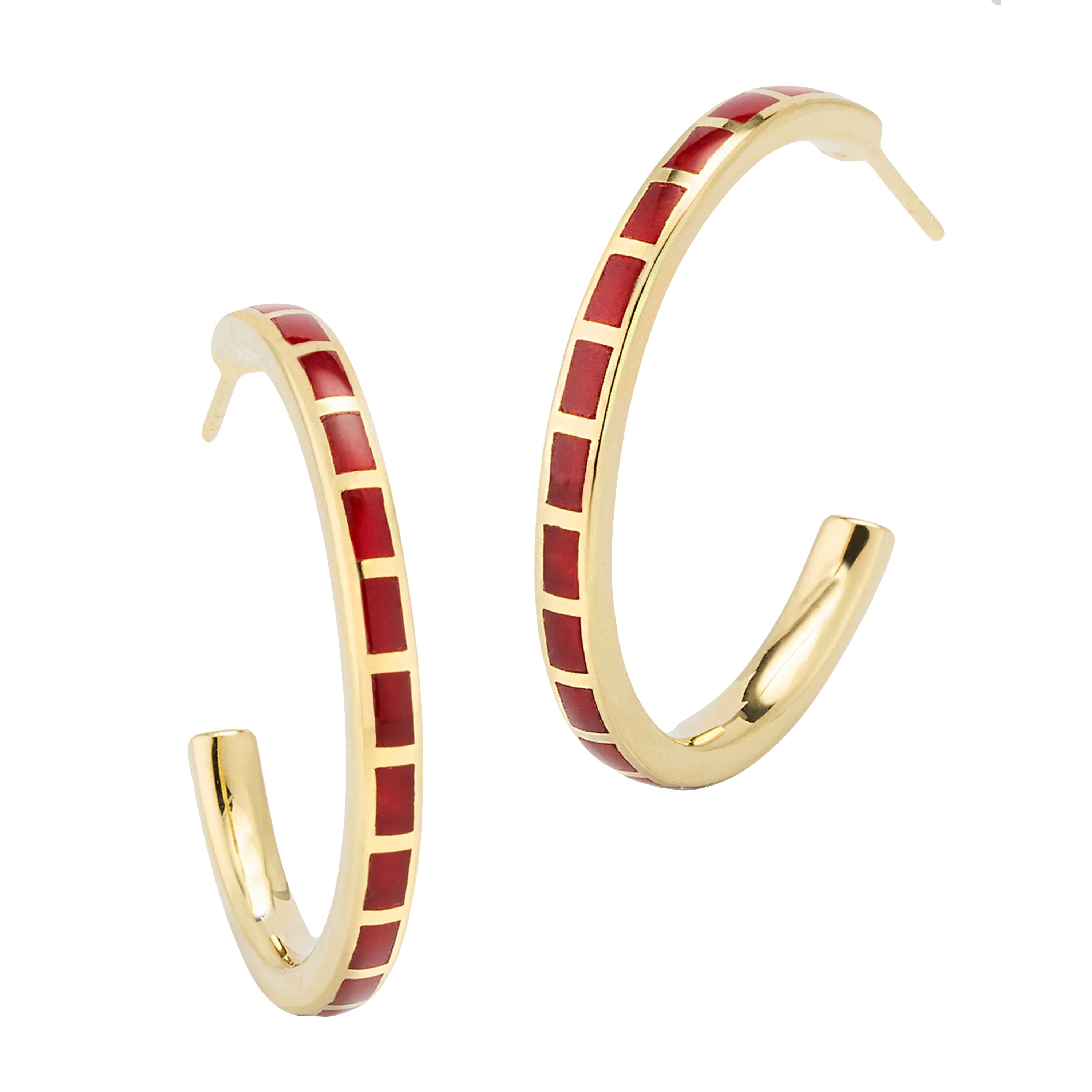 Gold hoop earrings with red coral enamel tile inlays — Jan Leslie