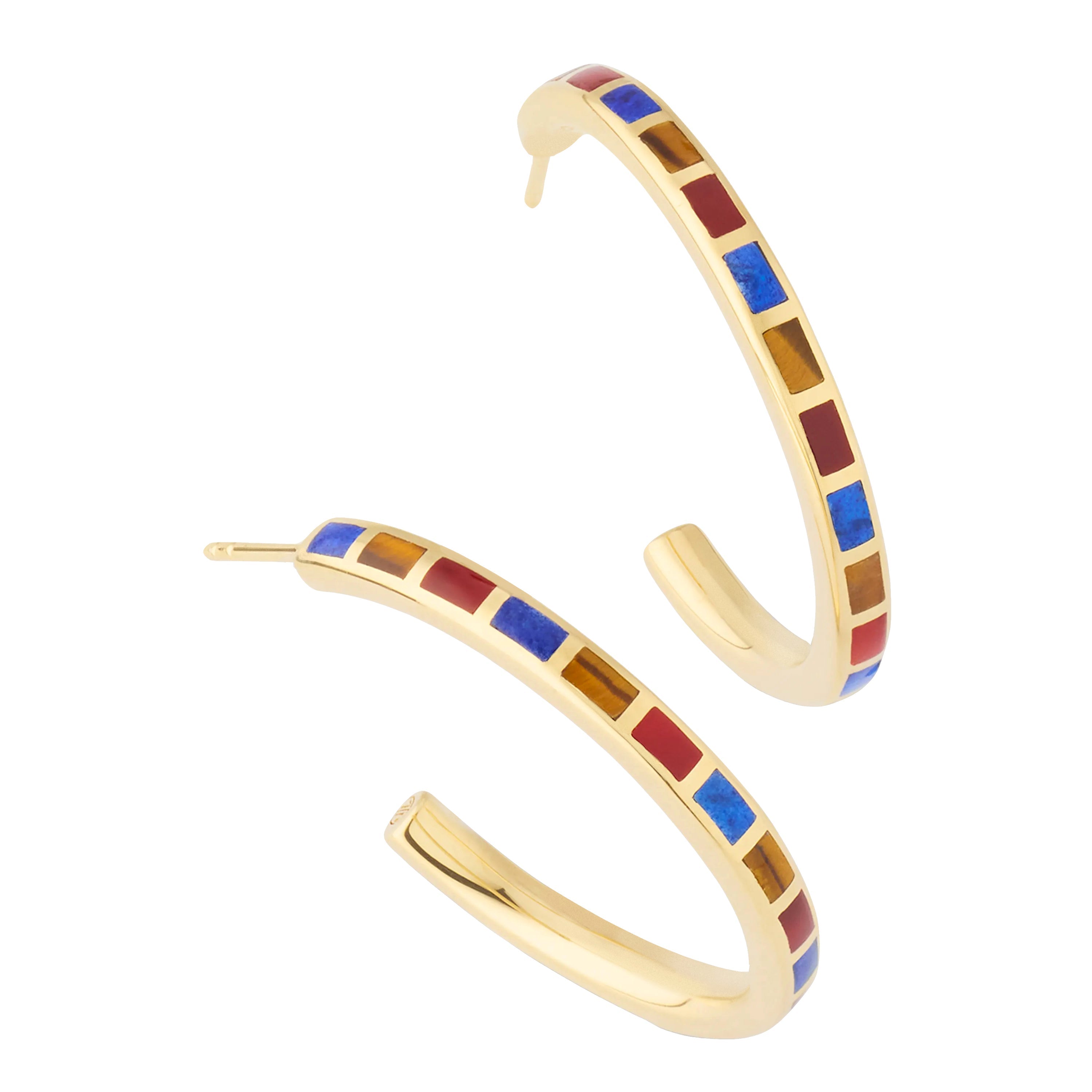 Small gold hoop earrings with multicolor enamel rectangular tile inlays — Jan Leslie