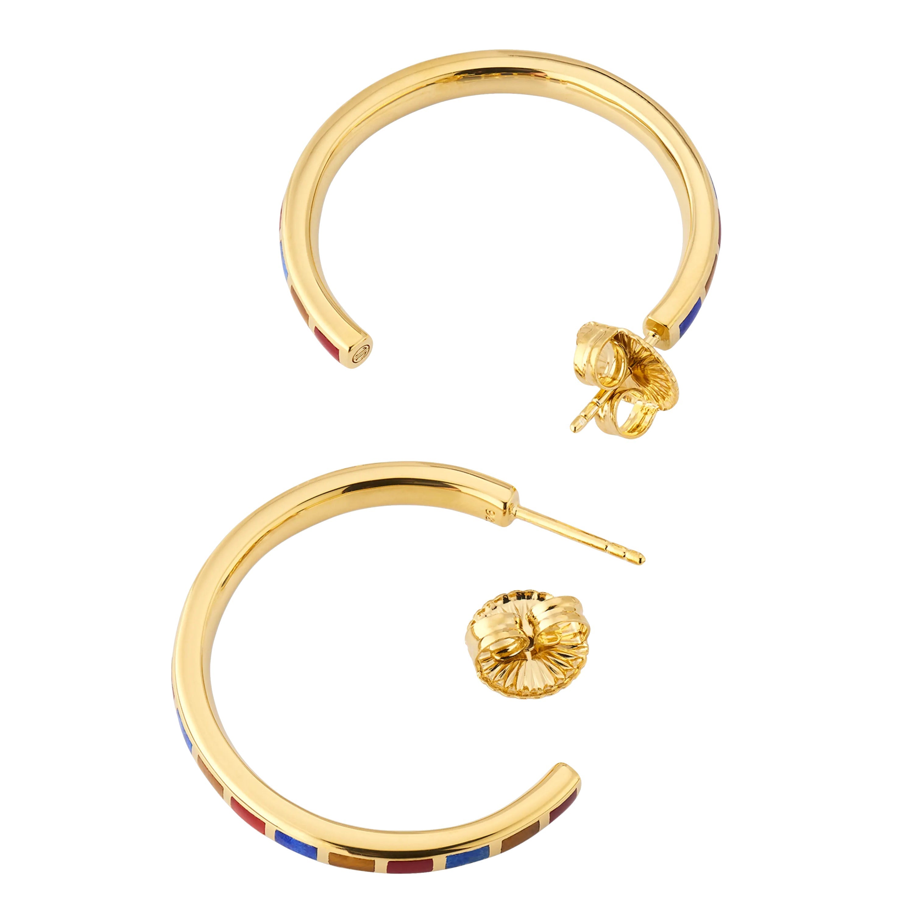Small gold hoop earrings with multicolor enamel segment inlays, angled studio view — Jan Leslie