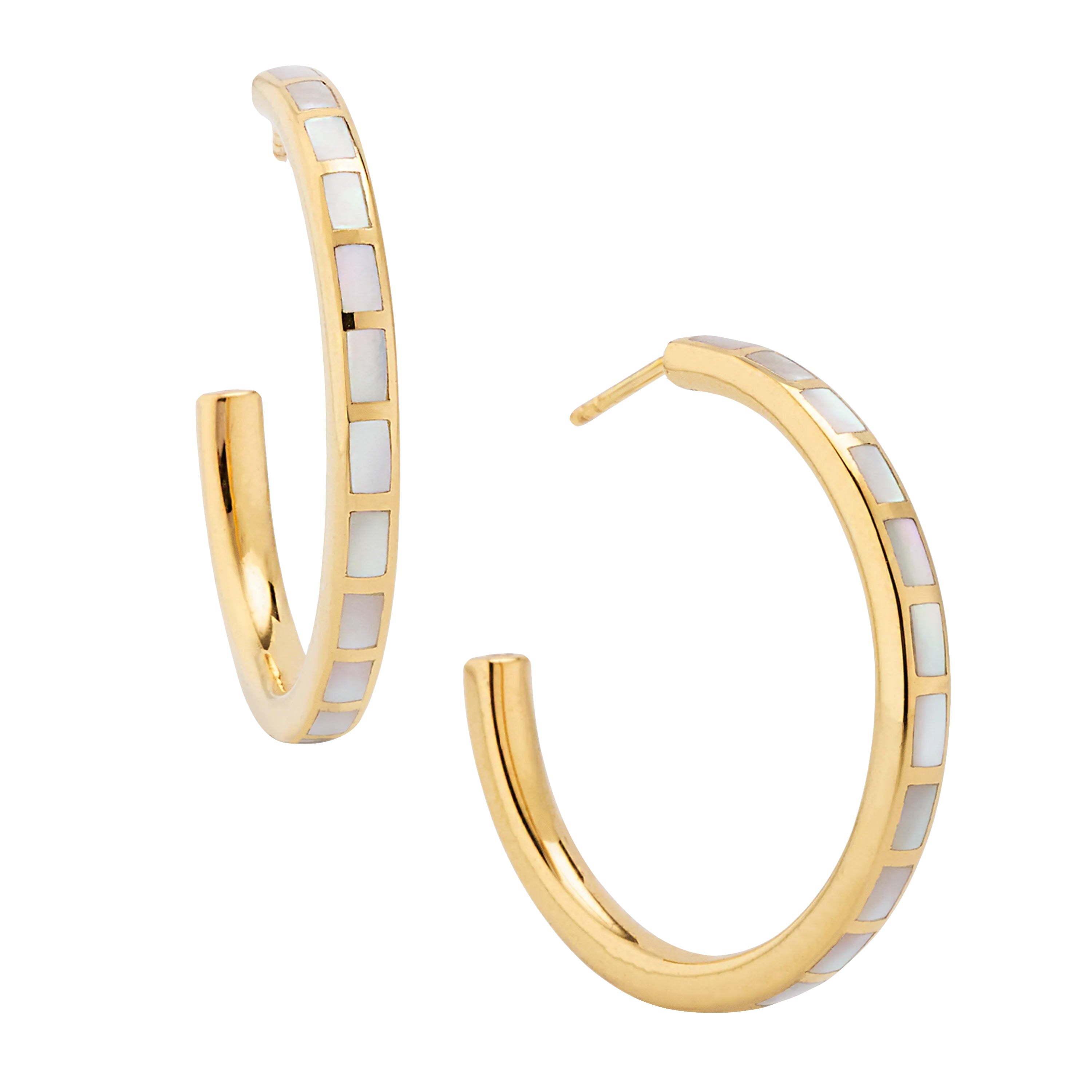 Small gold hoop earrings with white mother-of-pearl rectangular tile inlays — Jan Leslie