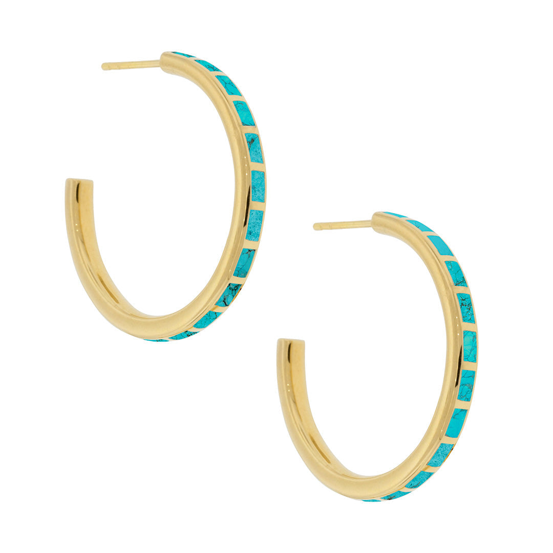 Small gold hoop earrings with turquoise rectangular tile inlays — Jan Leslie