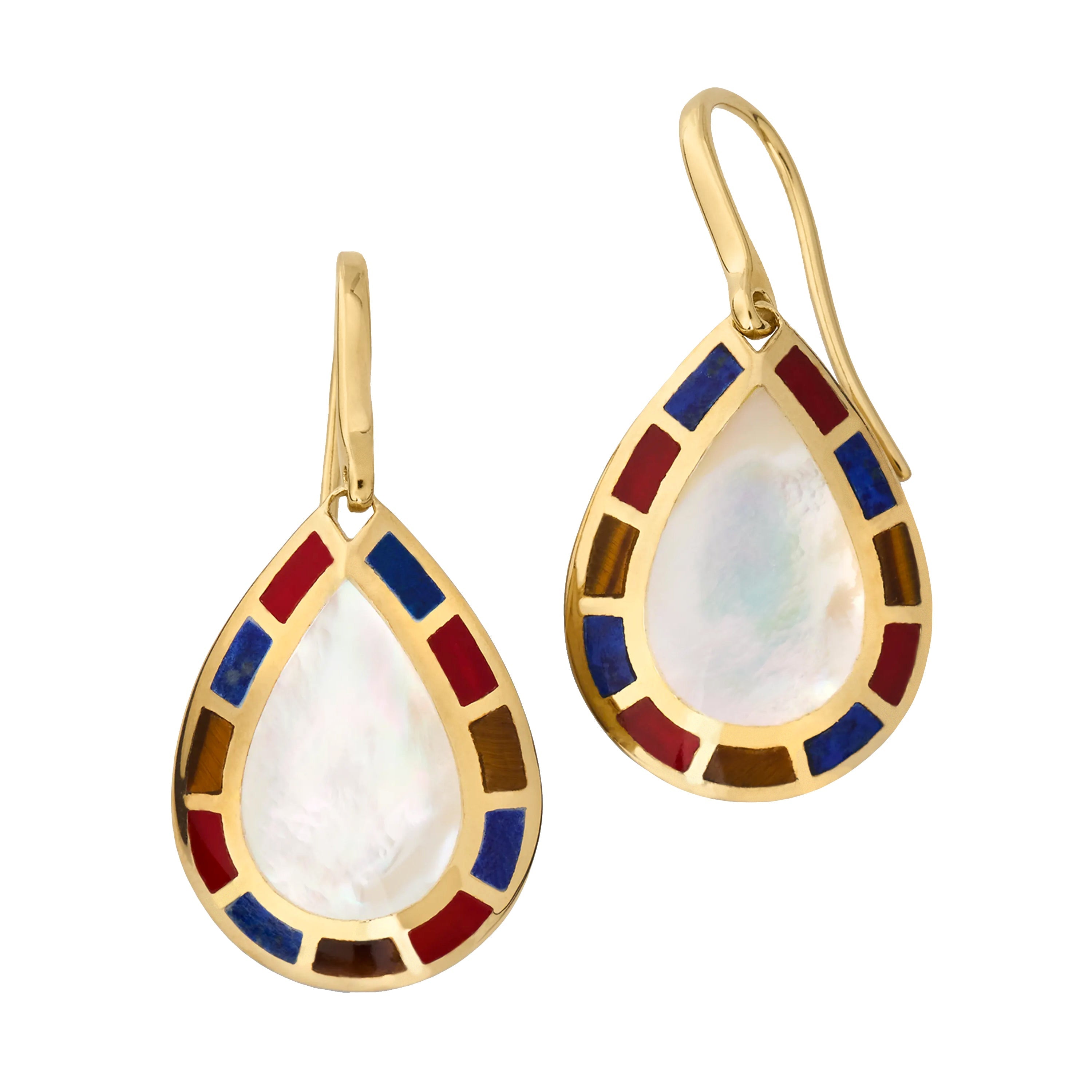 Pear Mother-of-Pearl Center Red Coral Lapis Lazuli Tiger's Eye Multicolor Mosaic Halo 18K Gold French Hook Drop Earrings