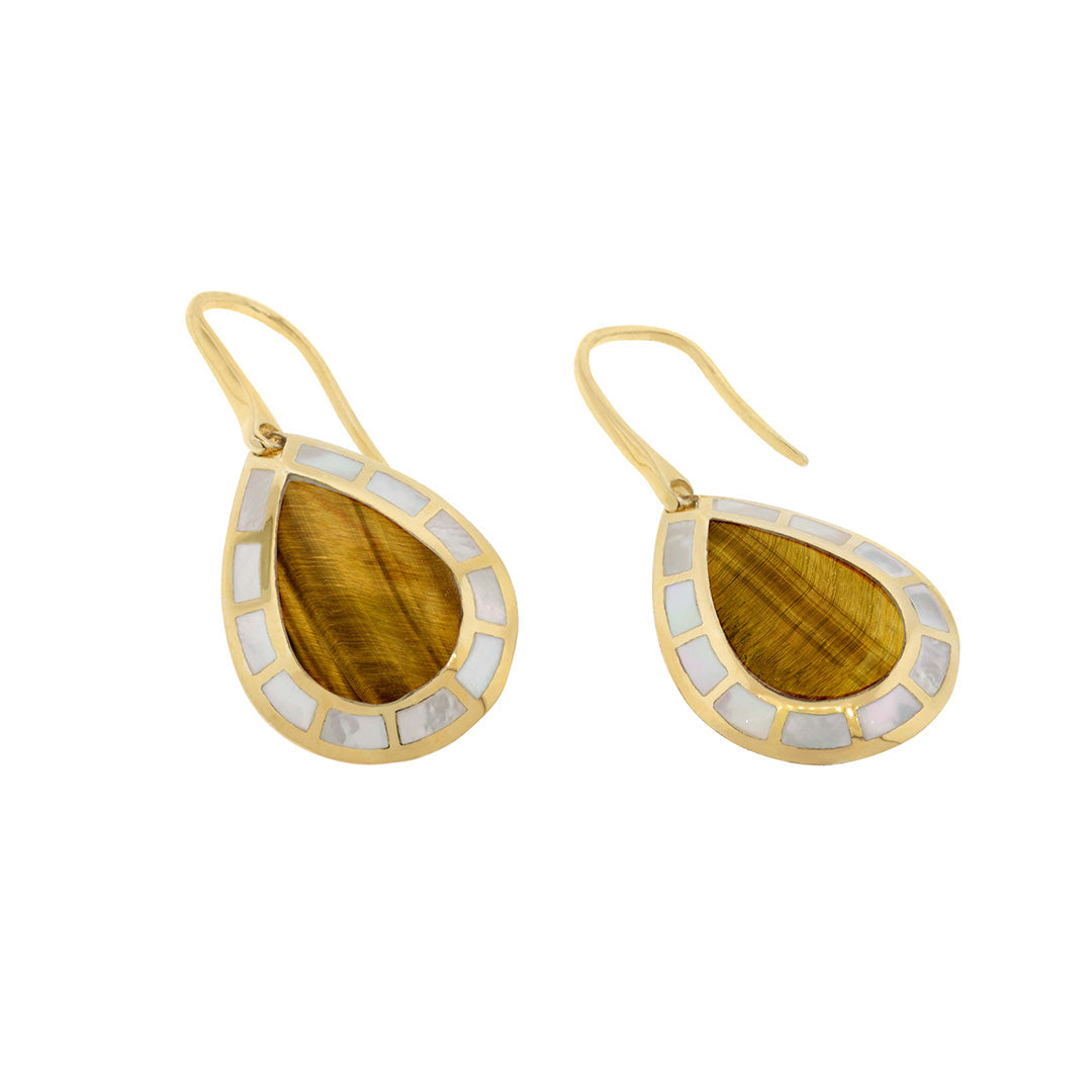 Dash Teardrop Dangle Gemstone 18K Gold Vermeil Sterling Silver Earrings with tiger's eye and mother of pearl inlay  | Jan Leslie 