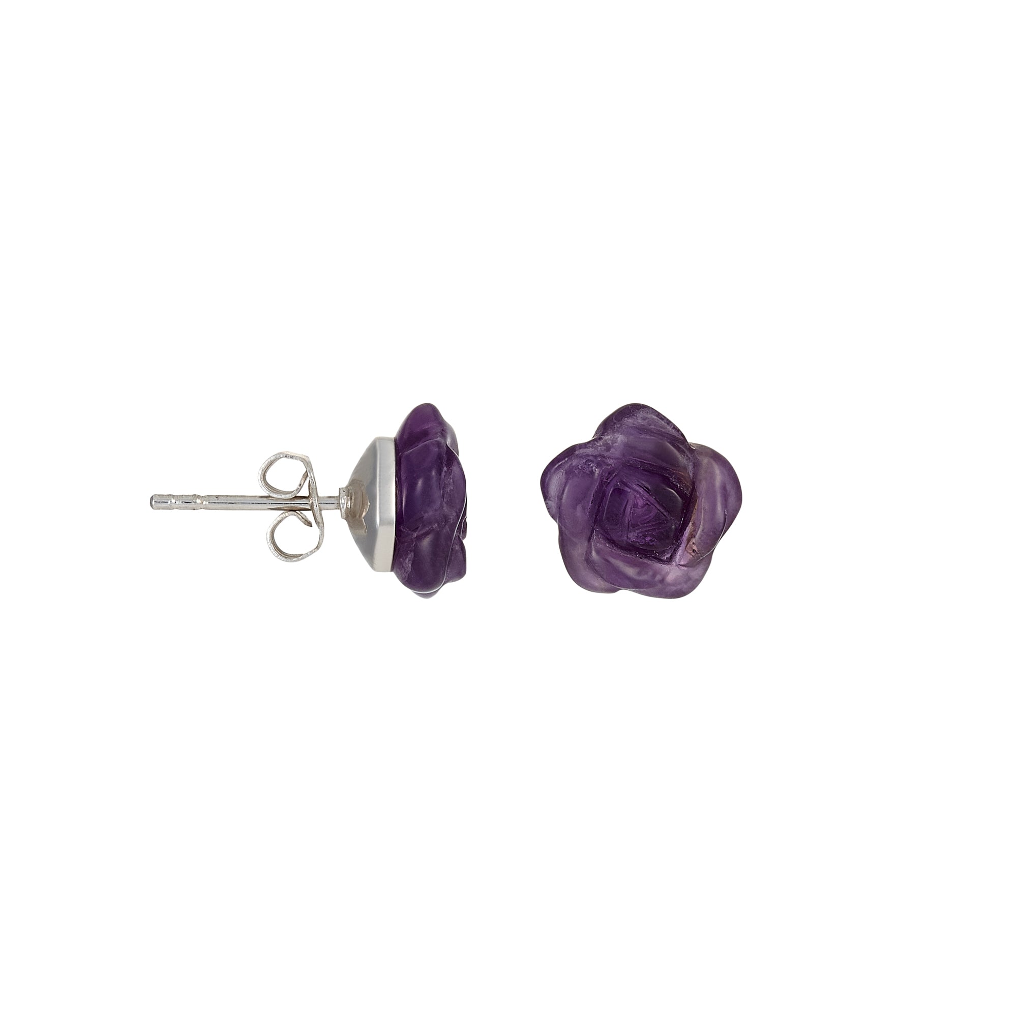 Hand-carved deep purple amethyst rose stud earrings