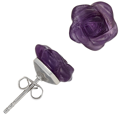 Hand-carved deep purple amethyst rose stud earrings
