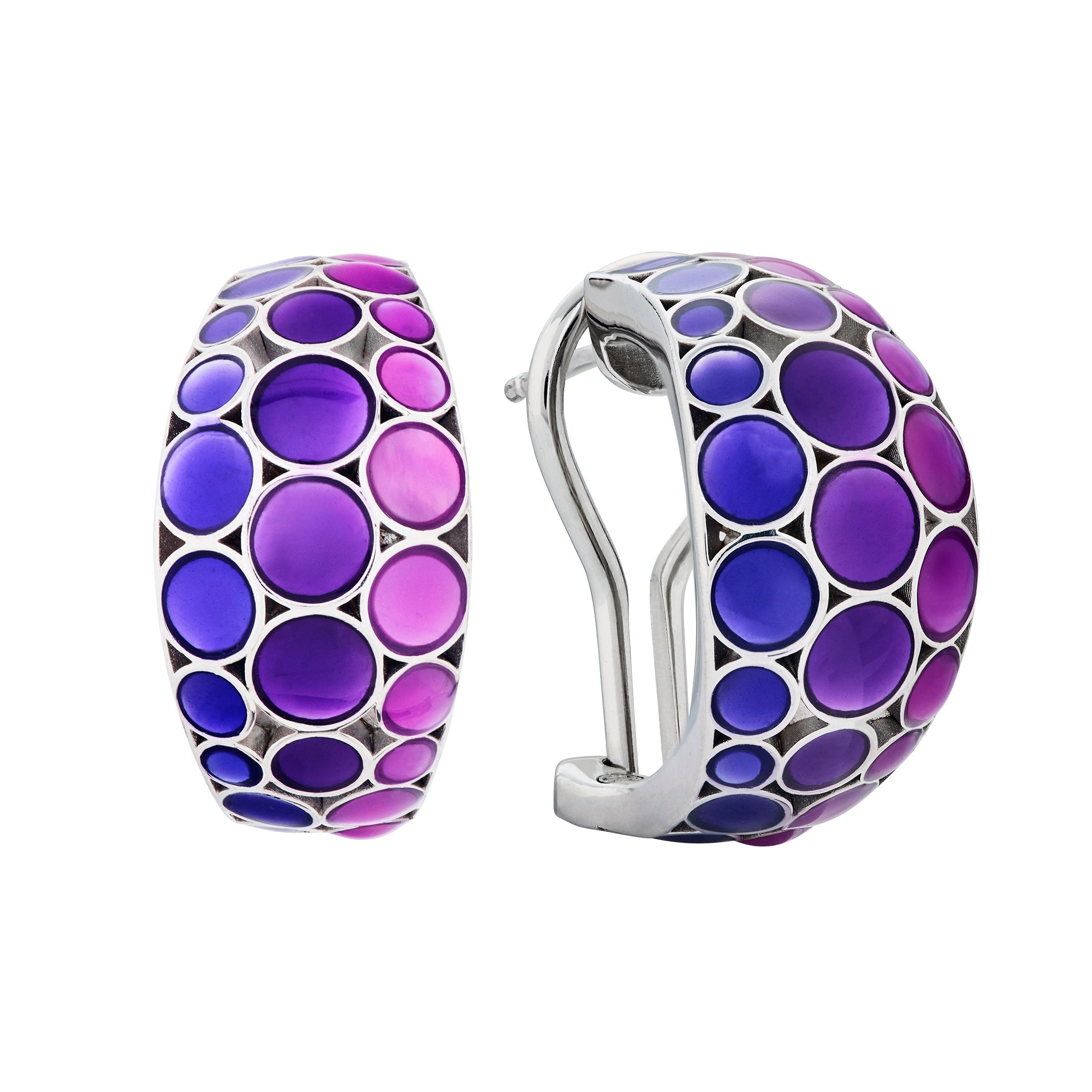 Sterling silver purple blue ombre mother-of-pearl bubble wide huggie hoop earrings pair angled view showing ombre MOP bubble mosaic and omega clip-back closure by Jan Leslie.