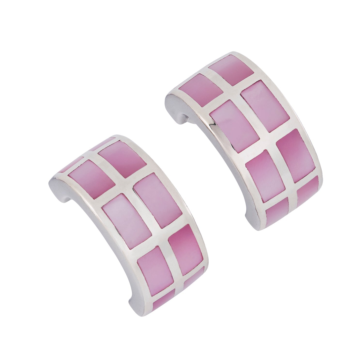 Sterling silver lavender mother-of-pearl grid wide hoop earrings pair angled view showing iridescent lavender-purple MOP tile grid and polished silver frame by Jan Leslie
