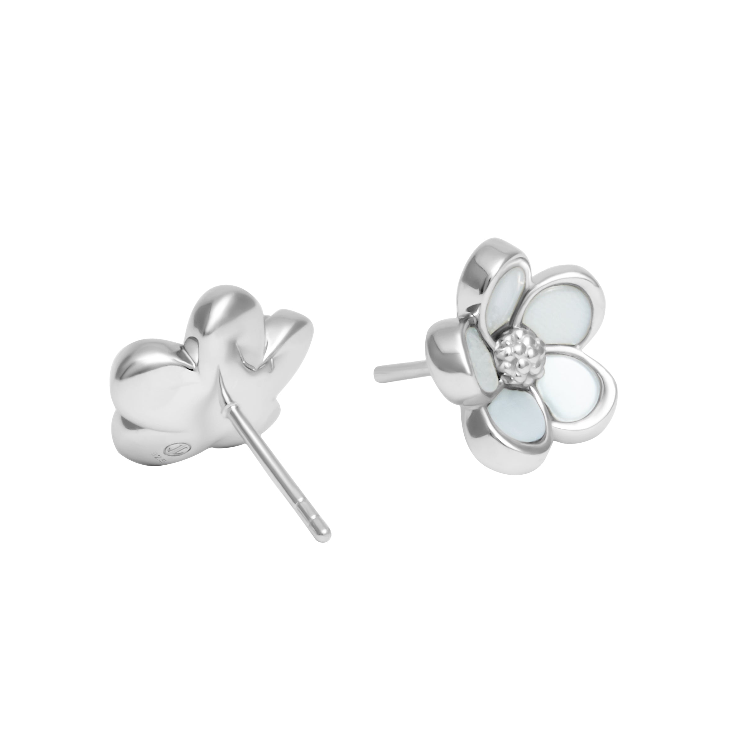 Sterling silver five-petal flower stud earrings with crisp white mother-of-pearl inlay petals, a textured rope-knot center, and secure butterfly post backs.