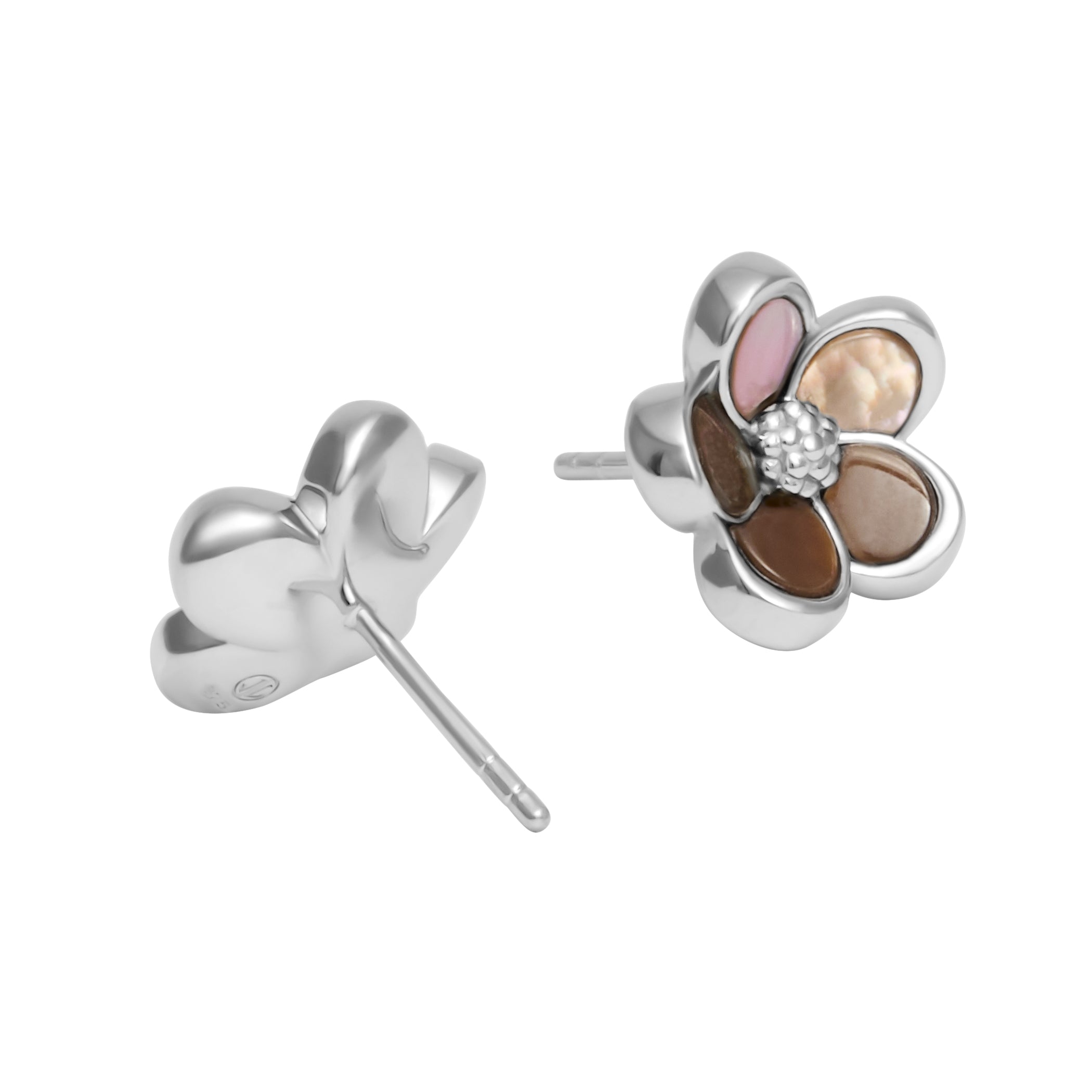 Sterling silver five-petal flower stud earrings with multi-tone brown and pink mother-of-pearl inlay petals and a textured rope-knot center, with secure butterfly post backs.