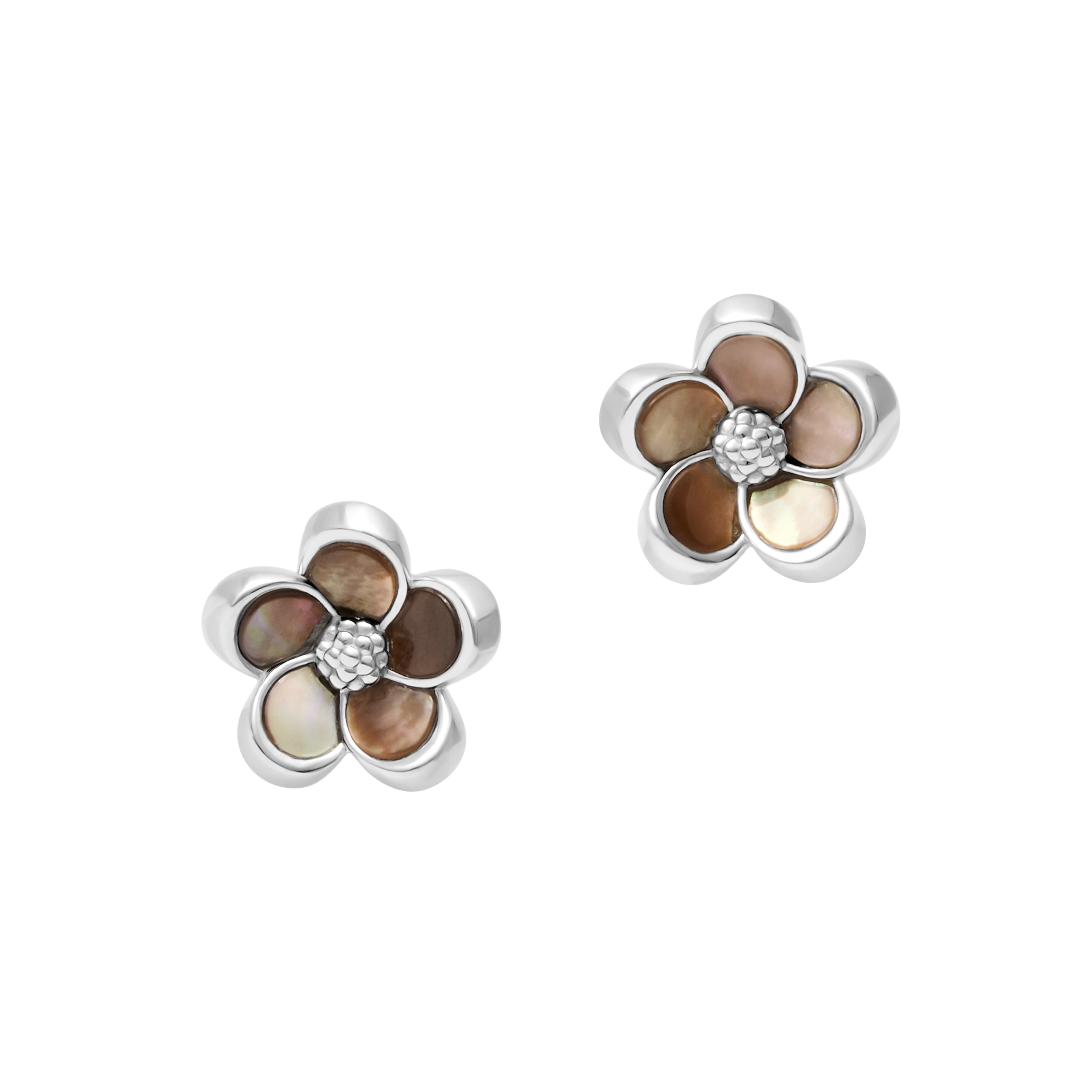 Sterling silver five-petal flower stud earrings with warm brown mother-of-pearl inlay petals and a textured rope-knot center accent.
