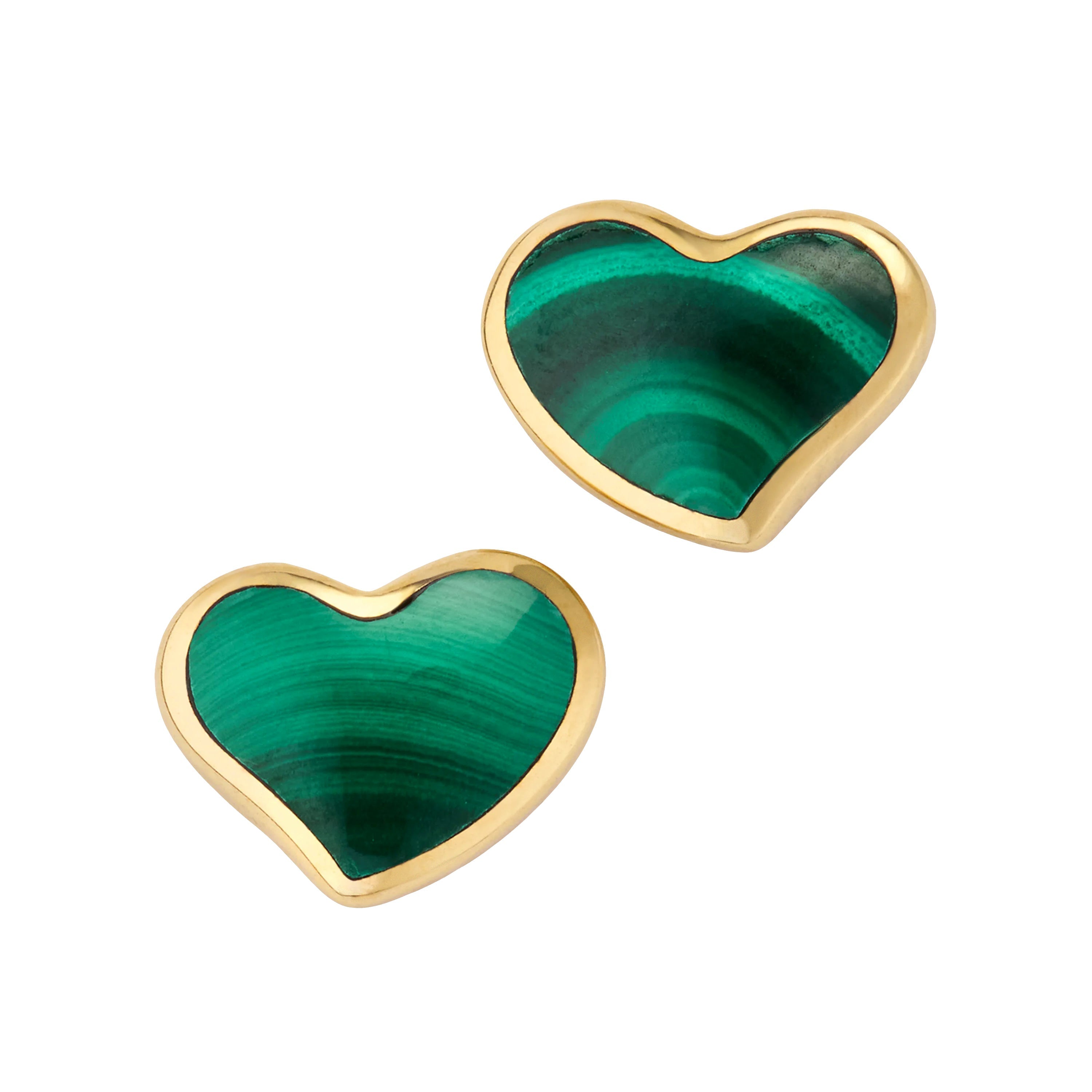 Malachite heart inlay stud earrings in gold bezel setting with butterfly backs — Jan Leslie