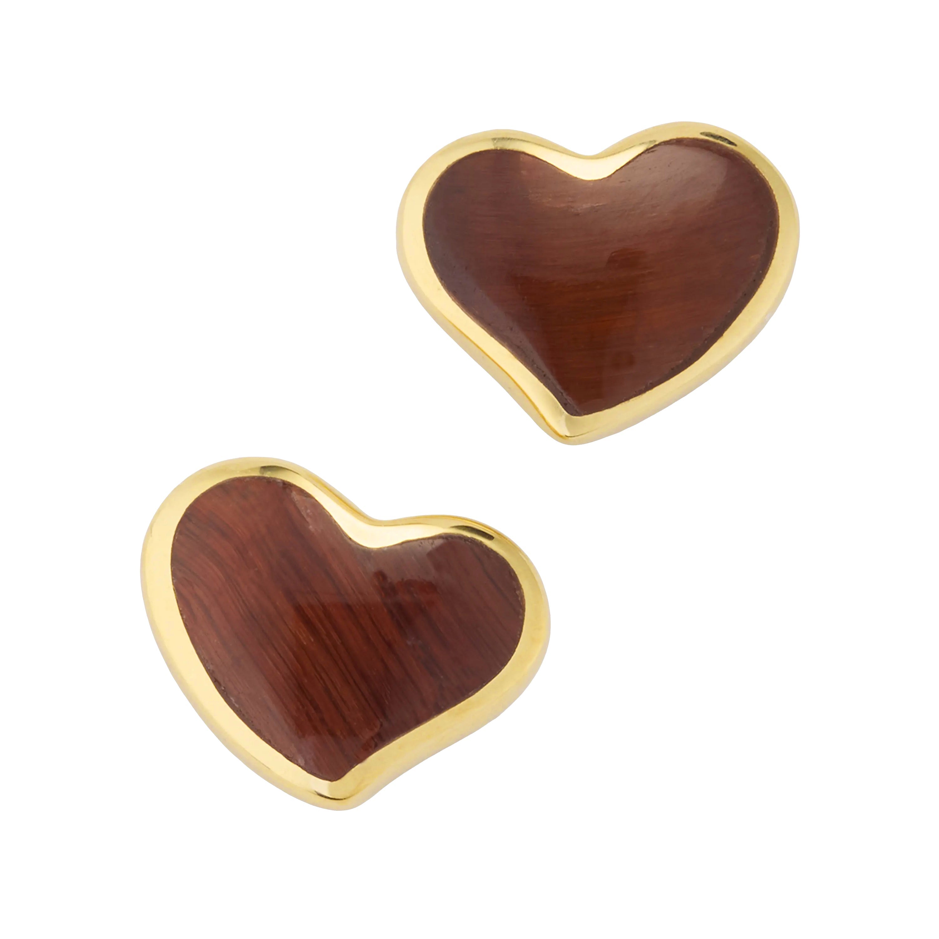 Tiger's eye heart inlay stud earrings in gold bezel setting with butterfly backs — Jan Leslie