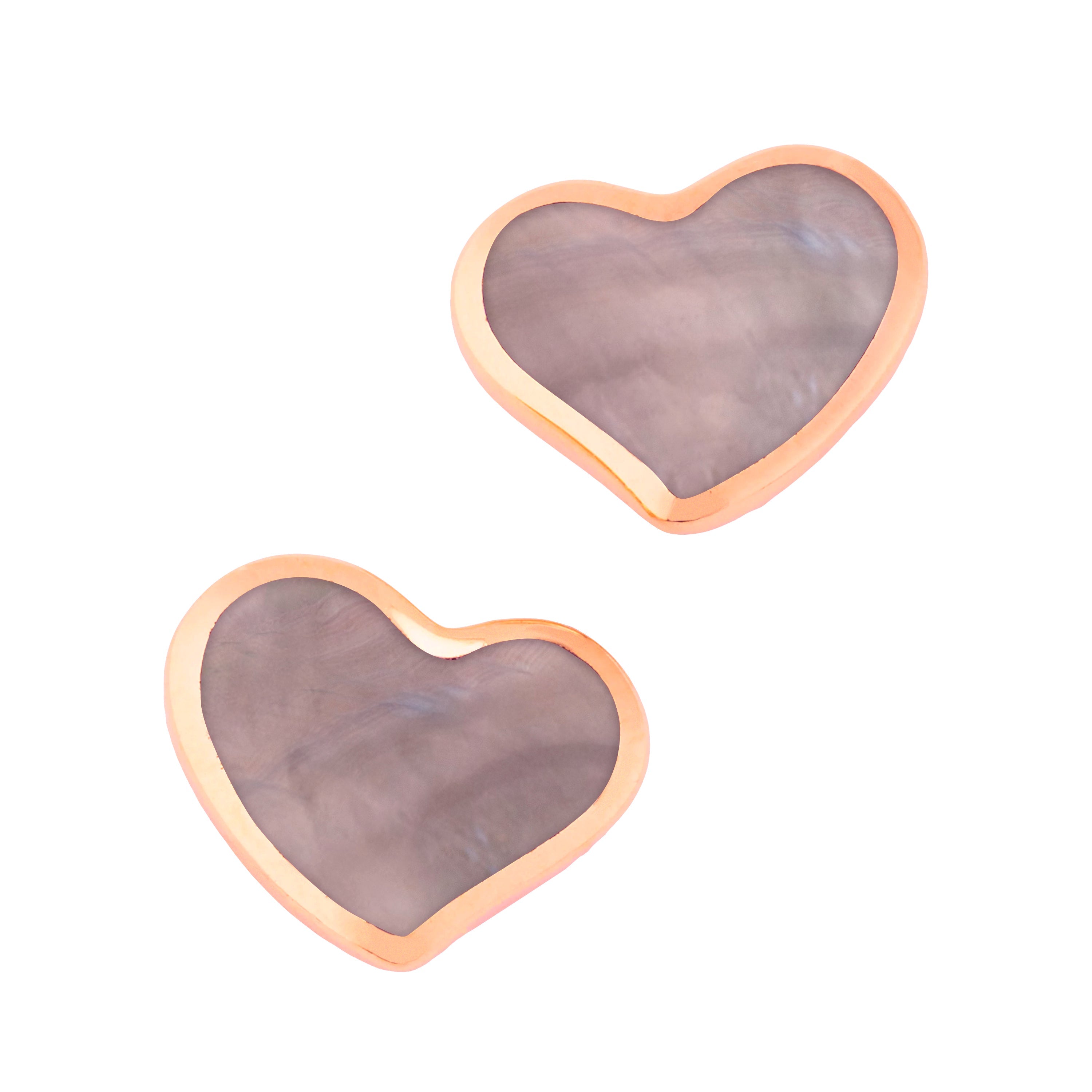 Pair of rose gold vermeil sterling silver bezel-set grey mother of pearl heart stud earrings with iridescent stone inlay and polished rose gold frame, Jan Leslie luxury women's fine jewelry.