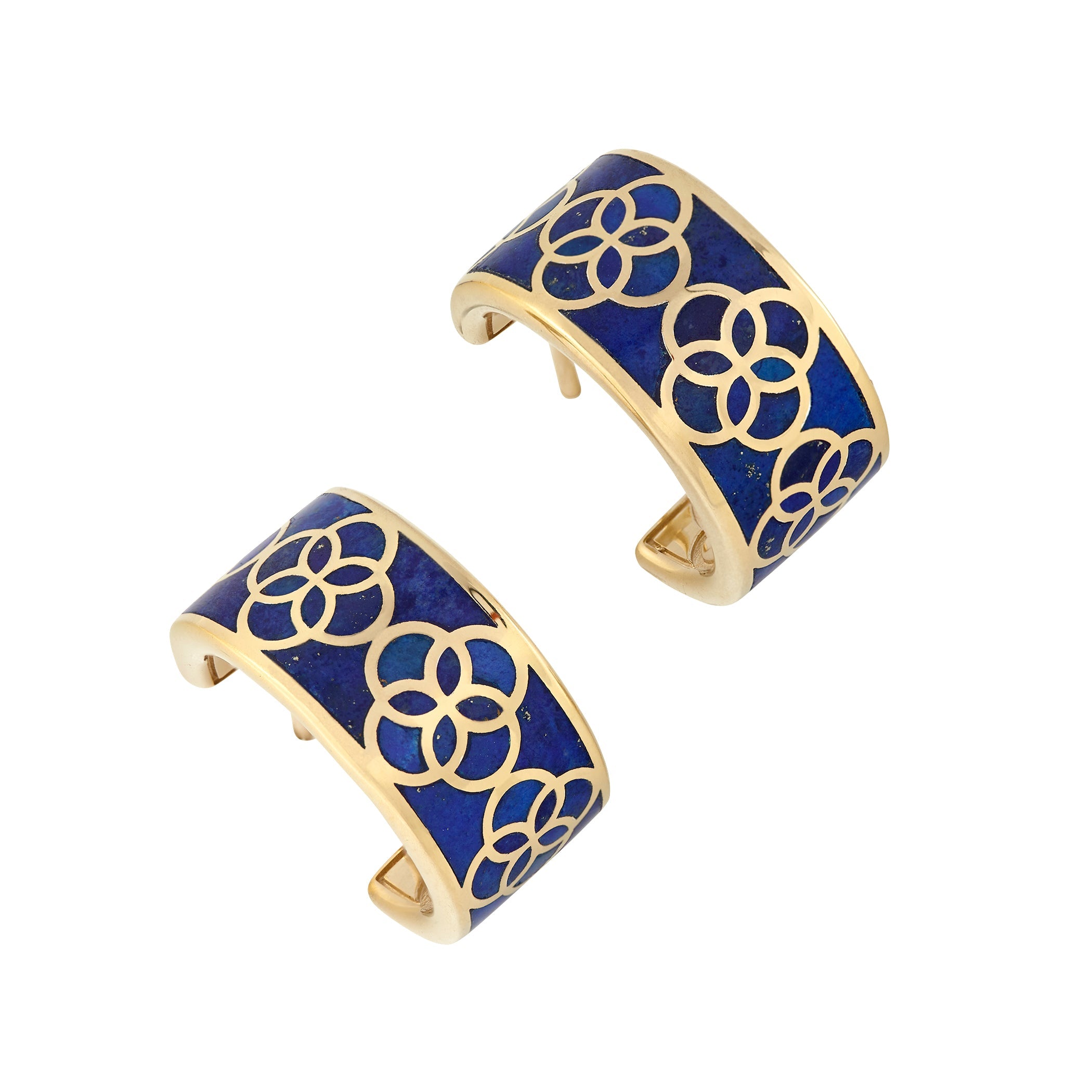 gold vermeil sterling silver wide-band floral lattice huggie hoop earrings showing repeating quatrefoil gold overlay pattern on iridescent shell inlay, Jan Leslie 