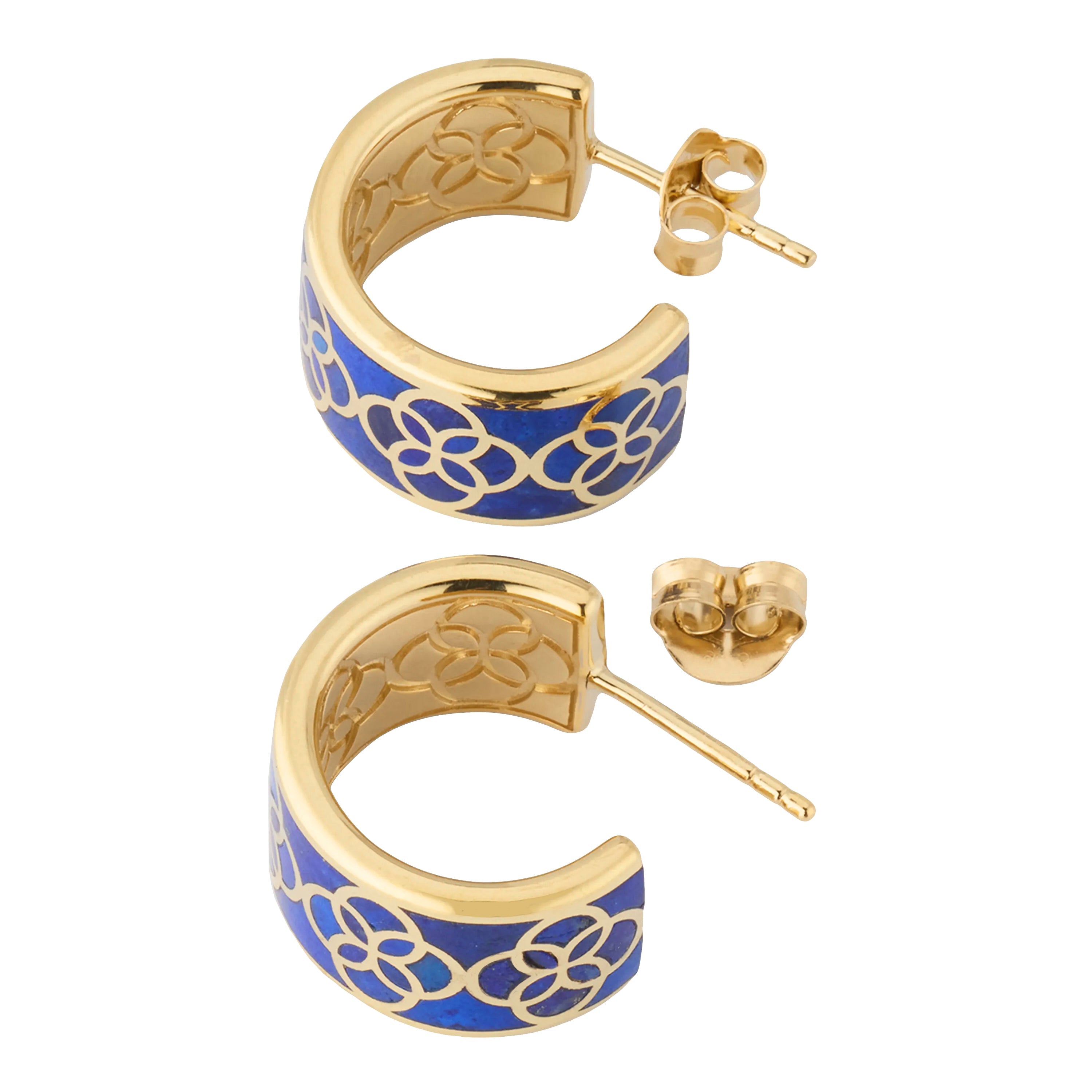 18K gold vermeil white mother-of-pearl petal Seed of Life wide huggie hoop earrings pair angled view showing Seed of Life quatrefoil engraved exterior with white MOP petal inlay polished gold inner barrel and post-and-butterfly backs by Jan Leslie