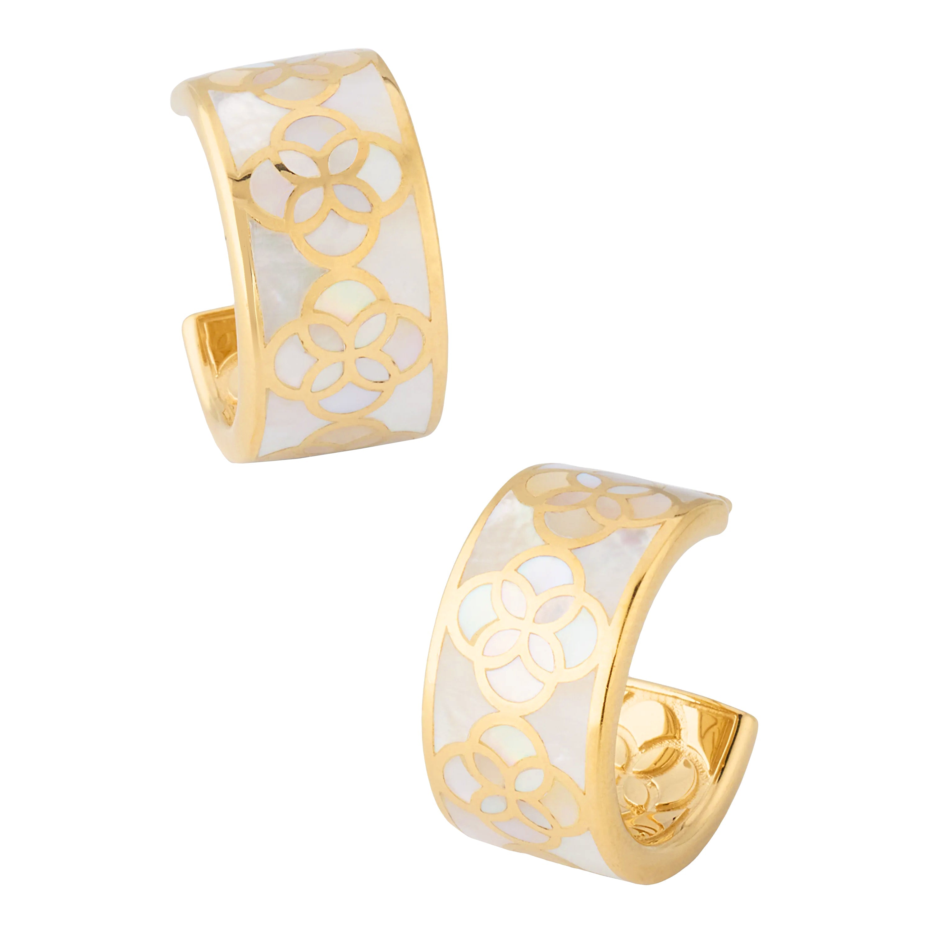 Close-up side profile of woman wearing gold vermeil sterling silver wide-band white mother of pearl floral lattice huggie hoop earrings Jan Leslie