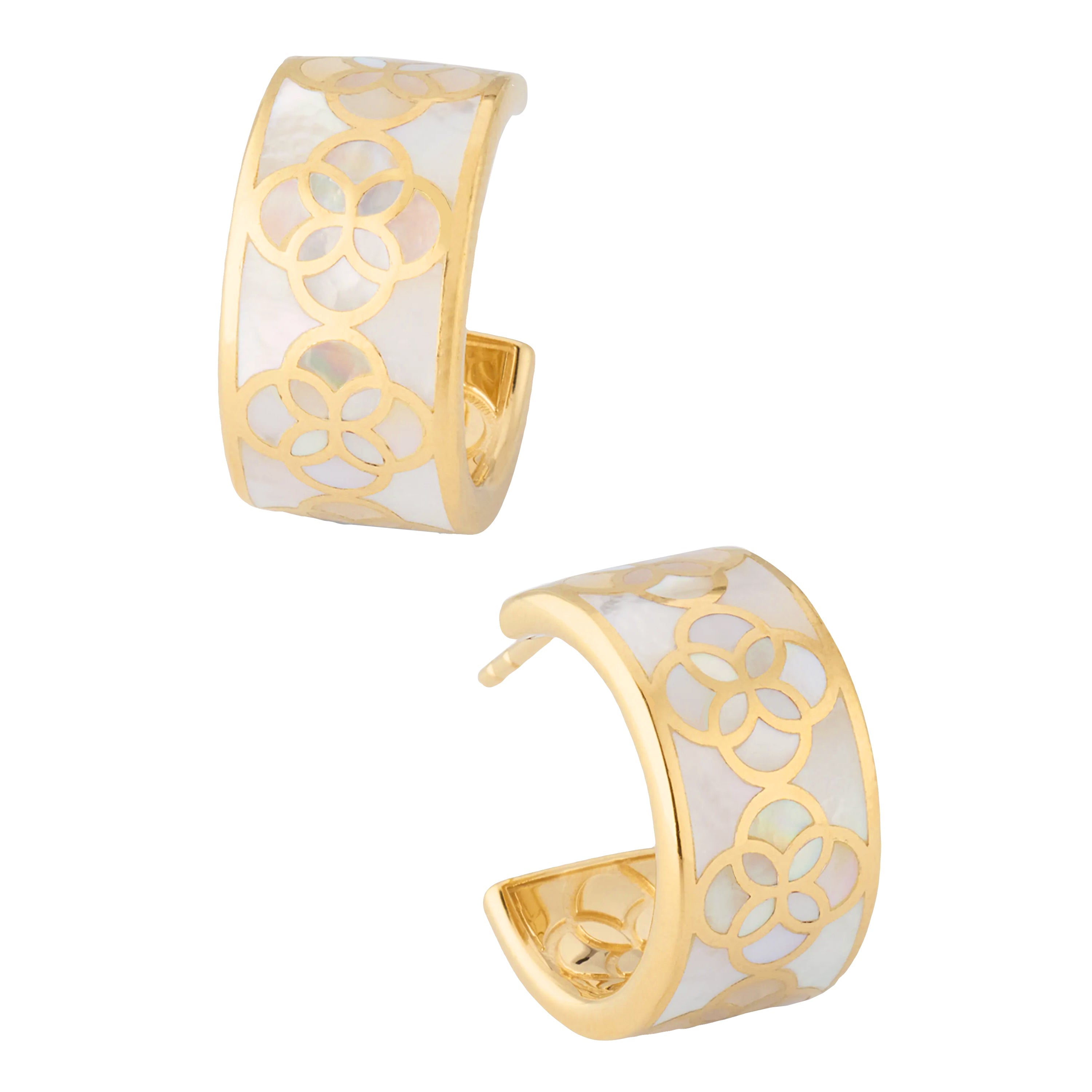 Angled staggered pair of gold vermeil sterling silver wide-band white mother of pearl floral lattice open C-hoop earrings showing iridescent shell inlay with gold quatrefoil overlay pattern, Jan Leslie