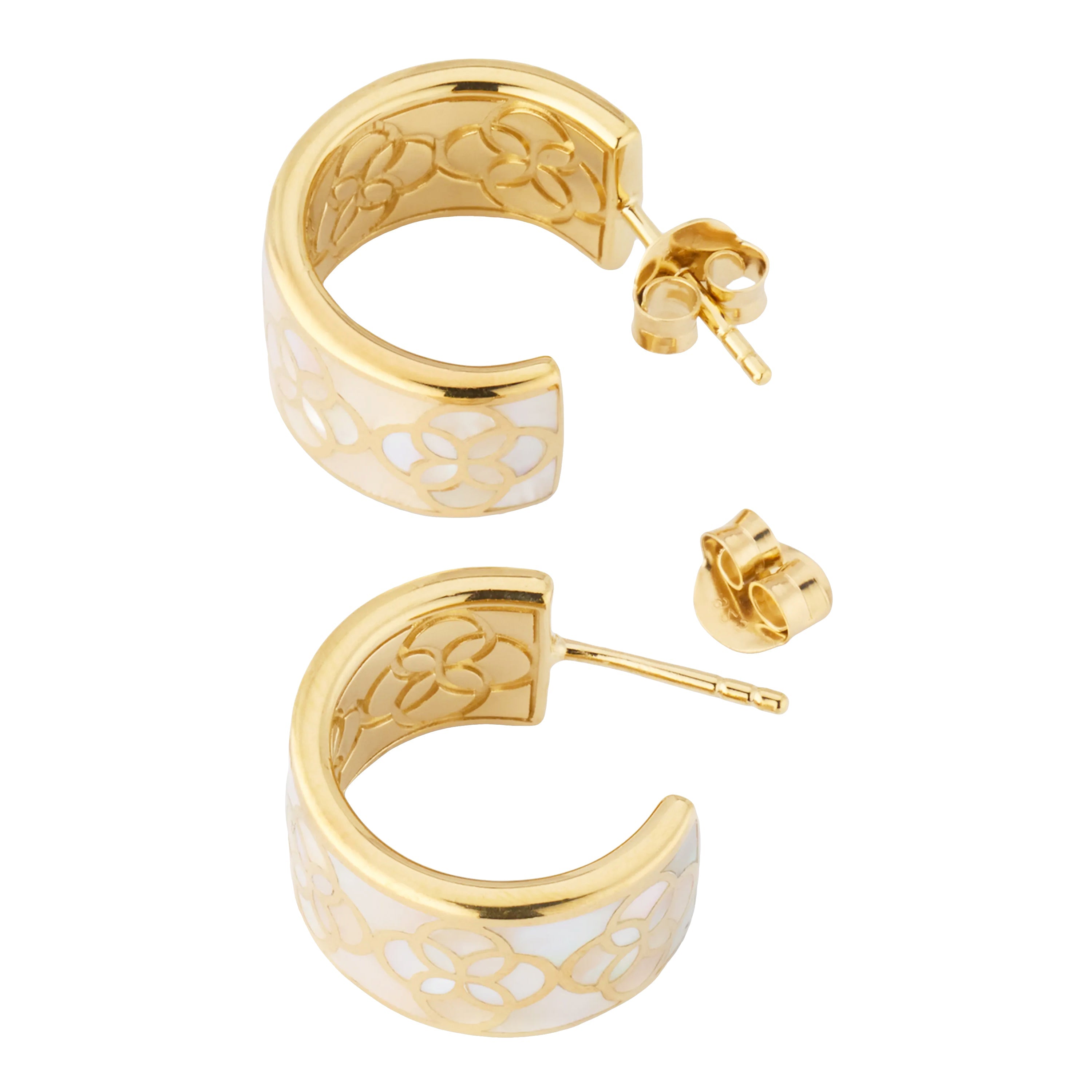 Gold vermeil sterling silver wide-band white mother of pearl floral lattice huggie hoop earrings with repeating quatrefoil gold overlay on iridescent shell inlay and post pin closure, Jan Leslie