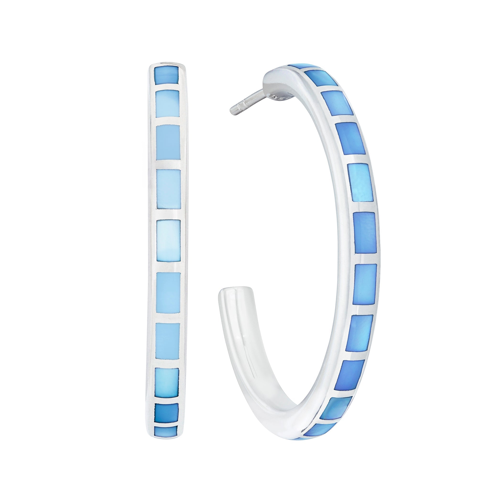 Ombré blue mother of pearl tile sterling silver hoop earrings