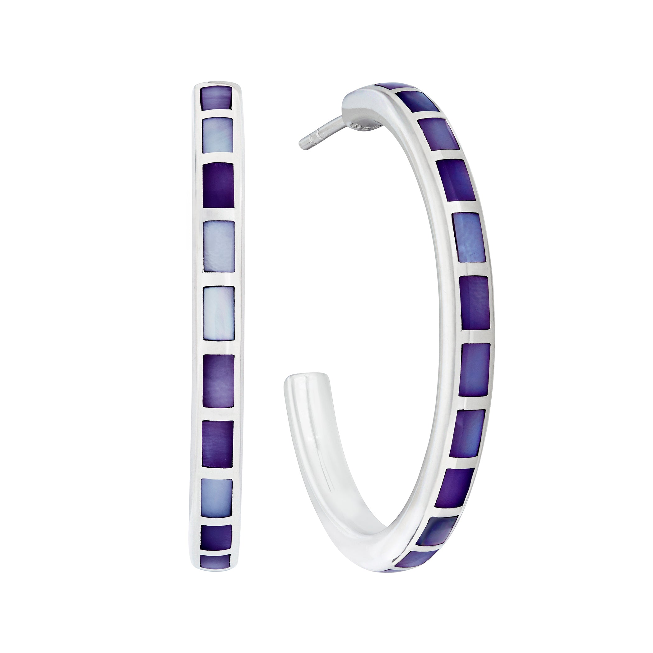 Ombré purple and lavender mother of pearl tile sterling silver hoop earrings