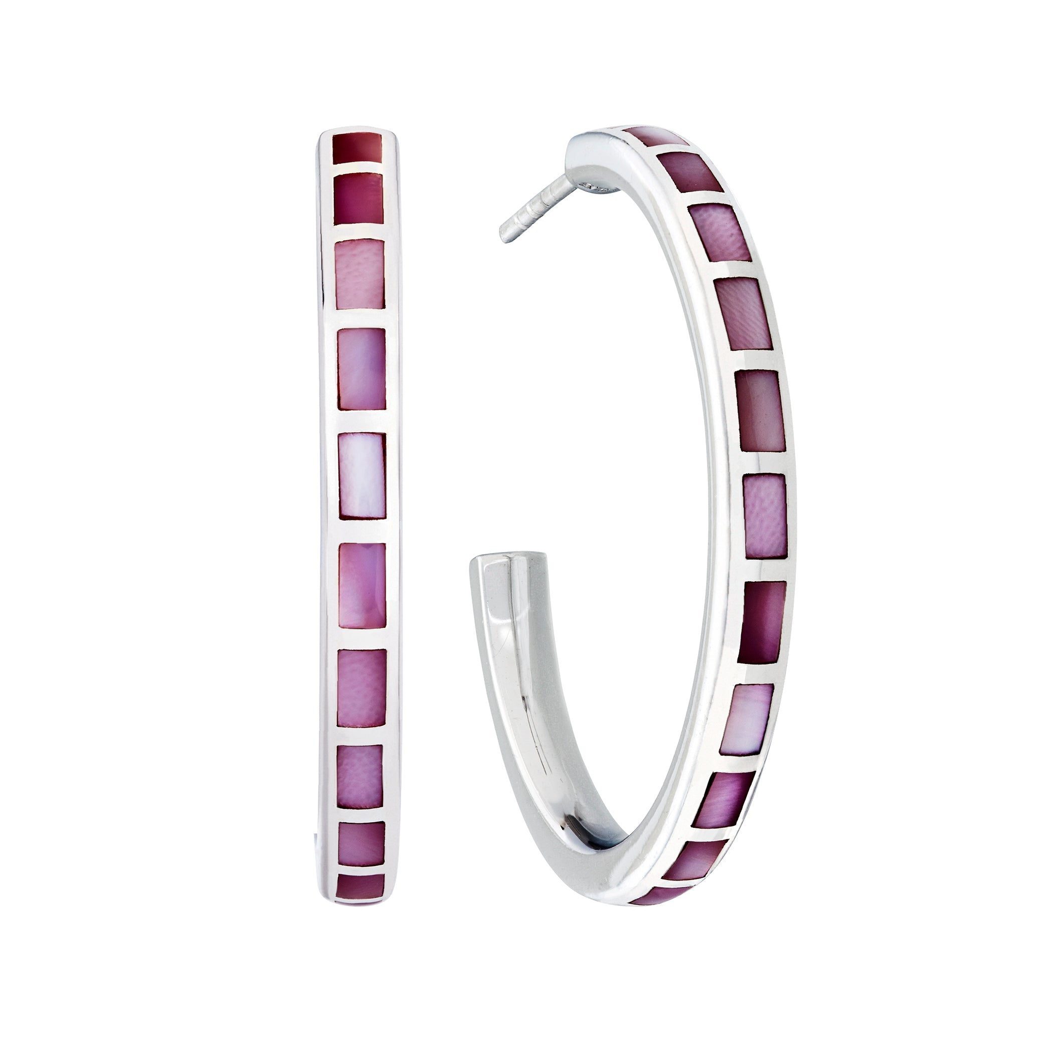 Ombré pink and berry mother of pearl tile sterling silver hoop earrings