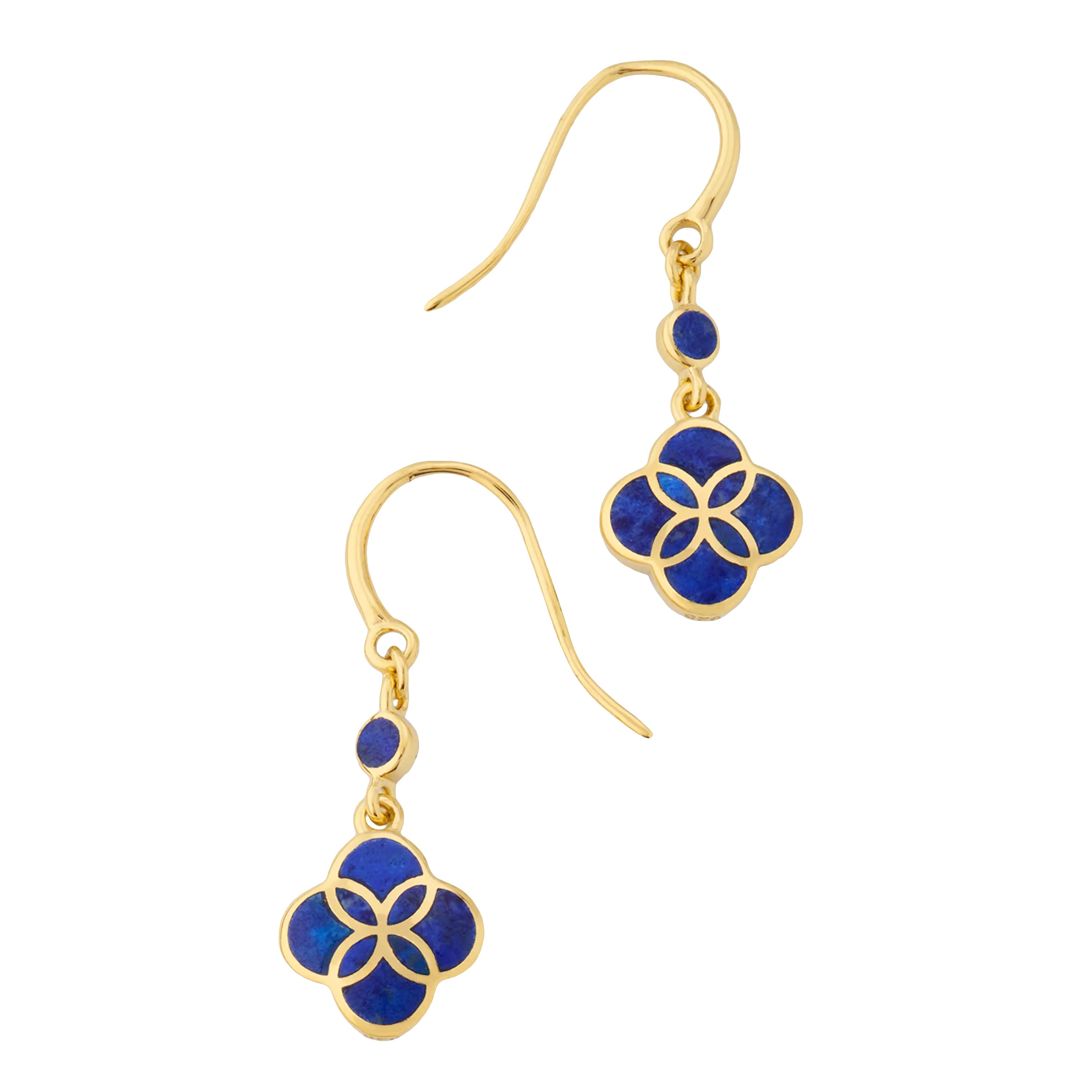 8K gold vermeil deep royal blue petal Seed of Life drop earrings pair angled view showing French wire ball-tip small round deep royal blue accent stone and quatrefoil clover pendant with Seed of Life overlapping circles gold lattice by Jan Leslie