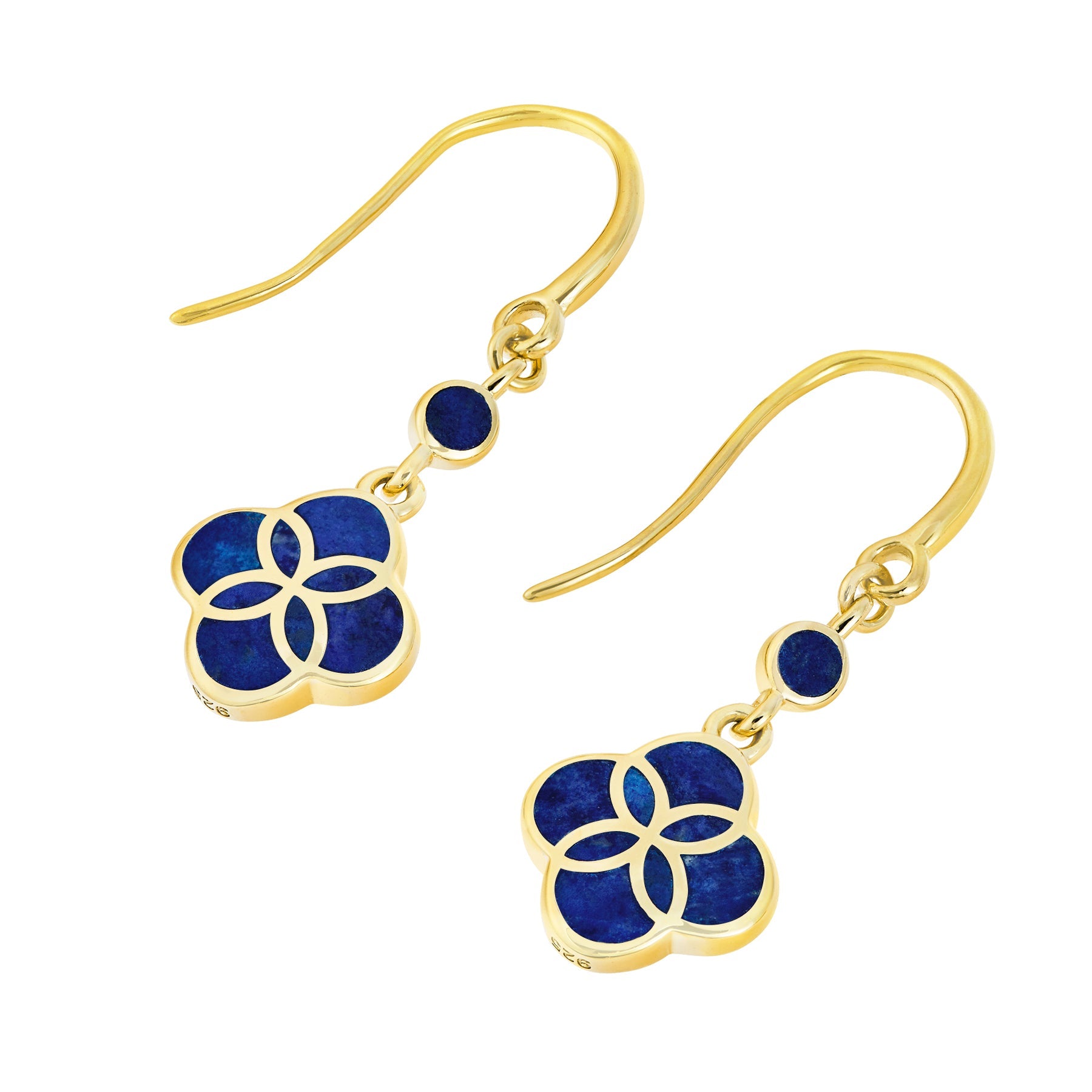  18K gold vermeil deep royal blue petal Seed of Life drop earrings pair angled view showing French wire quatrefoil clover pendant with Seed of Life gold lattice and 925 hallmark stamp by Jan Leslie