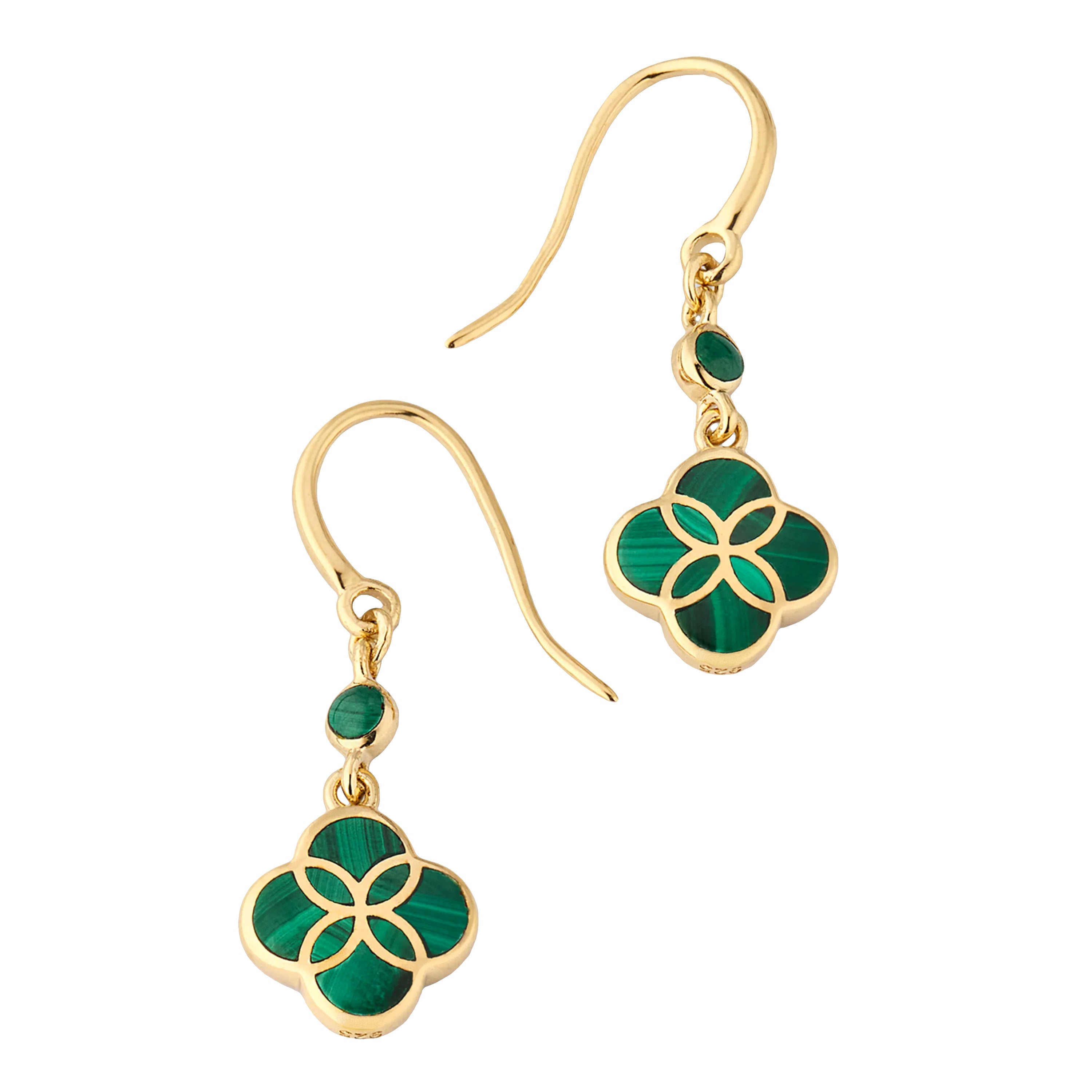 18K gold vermeil malachite petal Seed of Life drop earrings pair angled view showing French wire small round malachite accent stone and quatrefoil clover pendant with Seed of Life gold lattice over deep forest green malachite with vivid emerald banding by Jan Leslie