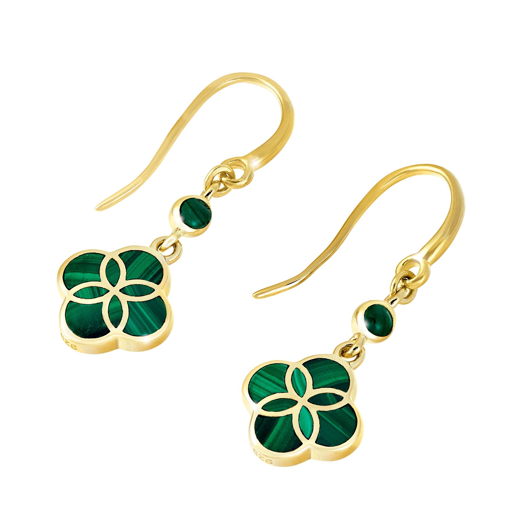 18K gold vermeil malachite petal Seed of Life drop earrings leverback variant pair angled view showing polished gold leverback wire small round malachite accent stone and quatrefoil clover pendant with Seed of Life gold lattice over deep forest green malachite by Jan Leslie