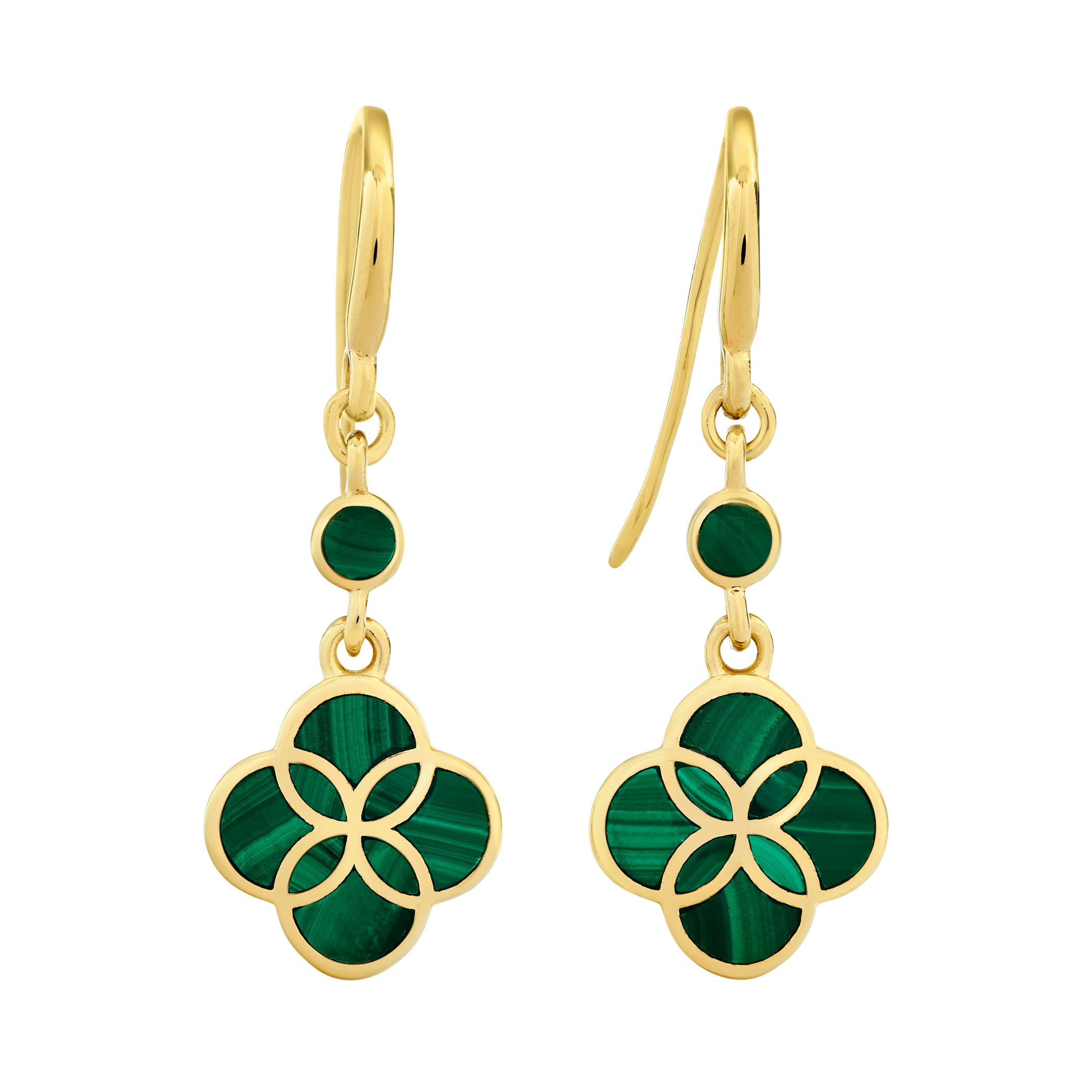 18K gold vermeil malachite petal Seed of Life drop earrings pair face-on view showing Seed of Life cloisonné gold lattice over independently oriented natural malachite cells with vivid emerald banding in pinwheel arrangement and small round malachite accent stones by Jan Leslie