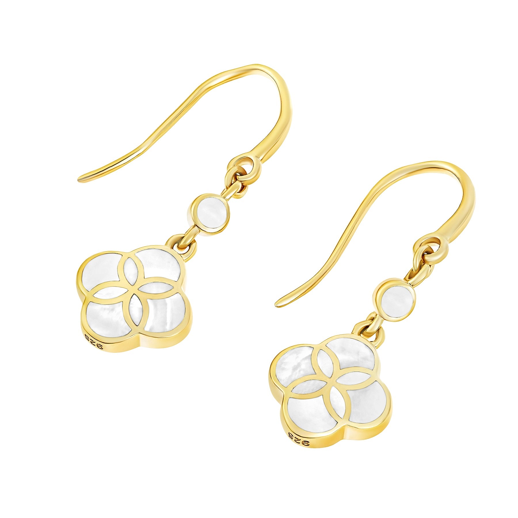 18K gold vermeil white mother-of-pearl petal Seed of Life drop earrings leverback variant pair angled view showing polished gold leverback wire small round white MOP accent stone and quatrefoil clover pendant with Seed of Life gold lattice over luminous white MOP by Jan Leslie