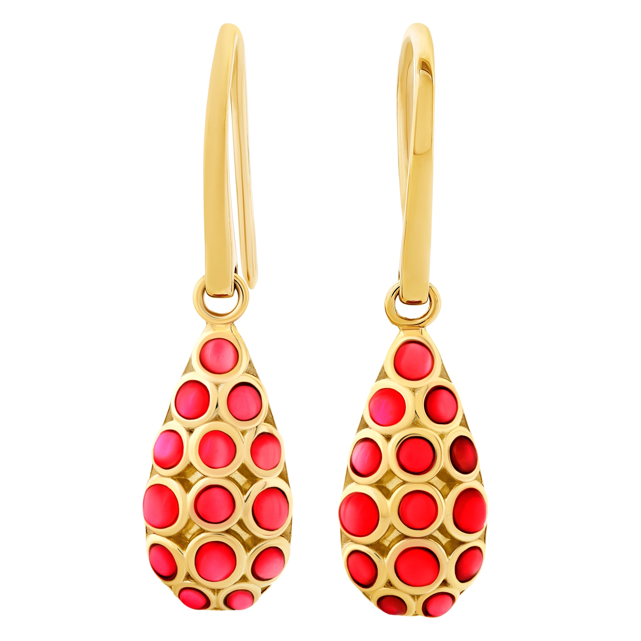 Pair of gold teardrop drop earrings with multi-circle pattern red coral cabochon inlay on gold kidney wire hooks