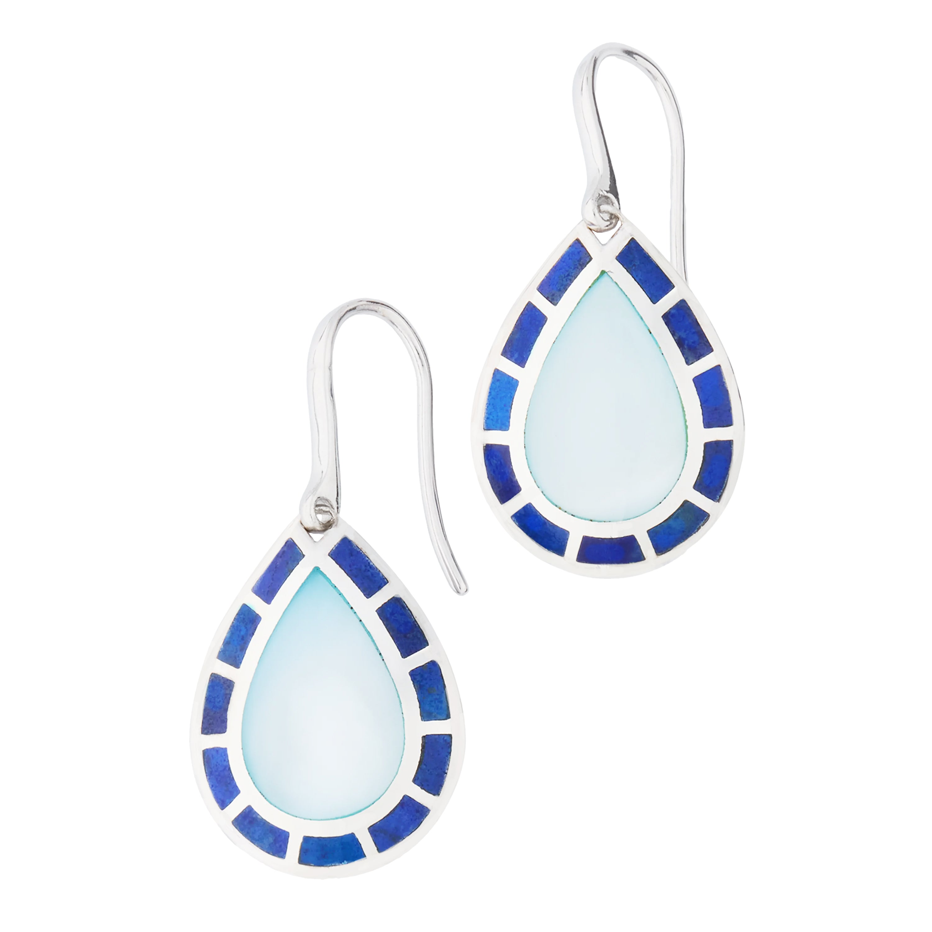 Sterling silver teardrop drop earrings with pale blue chalcedony center and cobalt blue enamel tile border by Jan Leslie.