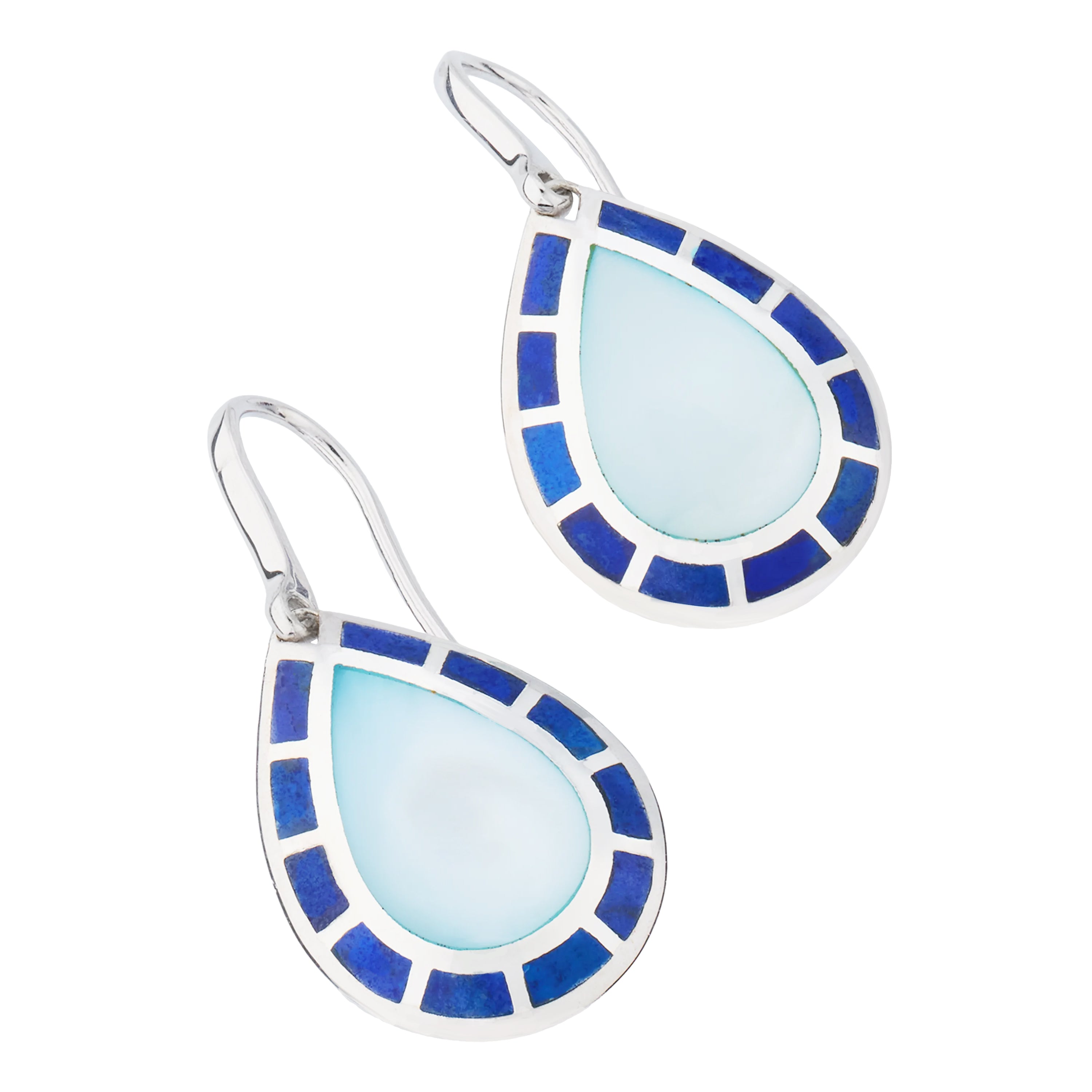 Sterling silver teardrop drop earrings with pale blue chalcedony center and cobalt blue enamel tile border by Jan Leslie.