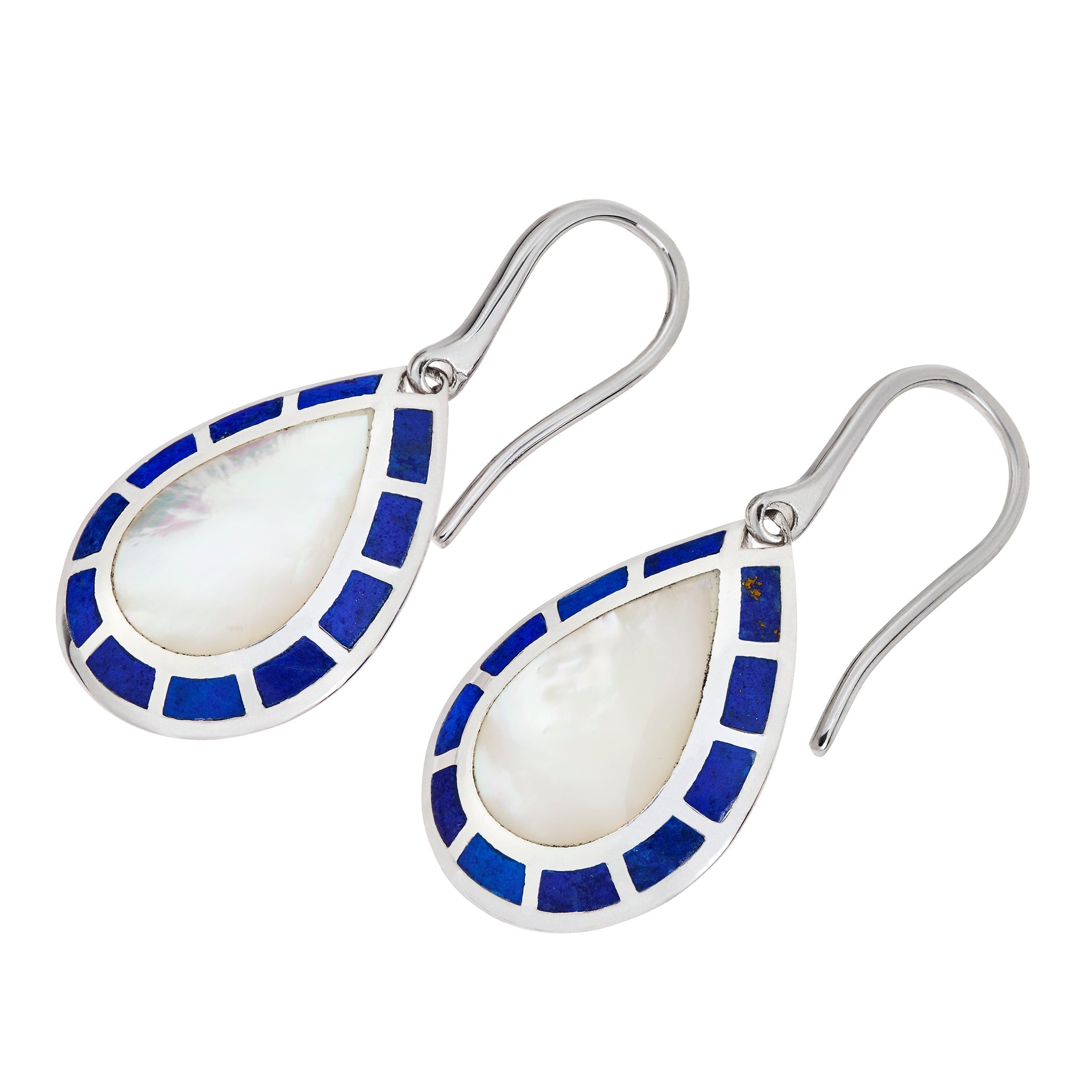 Sterling silver teardrop drop earrings with white mother-of-pearl center and natural lapis lazuli tile border by Jan Leslie.