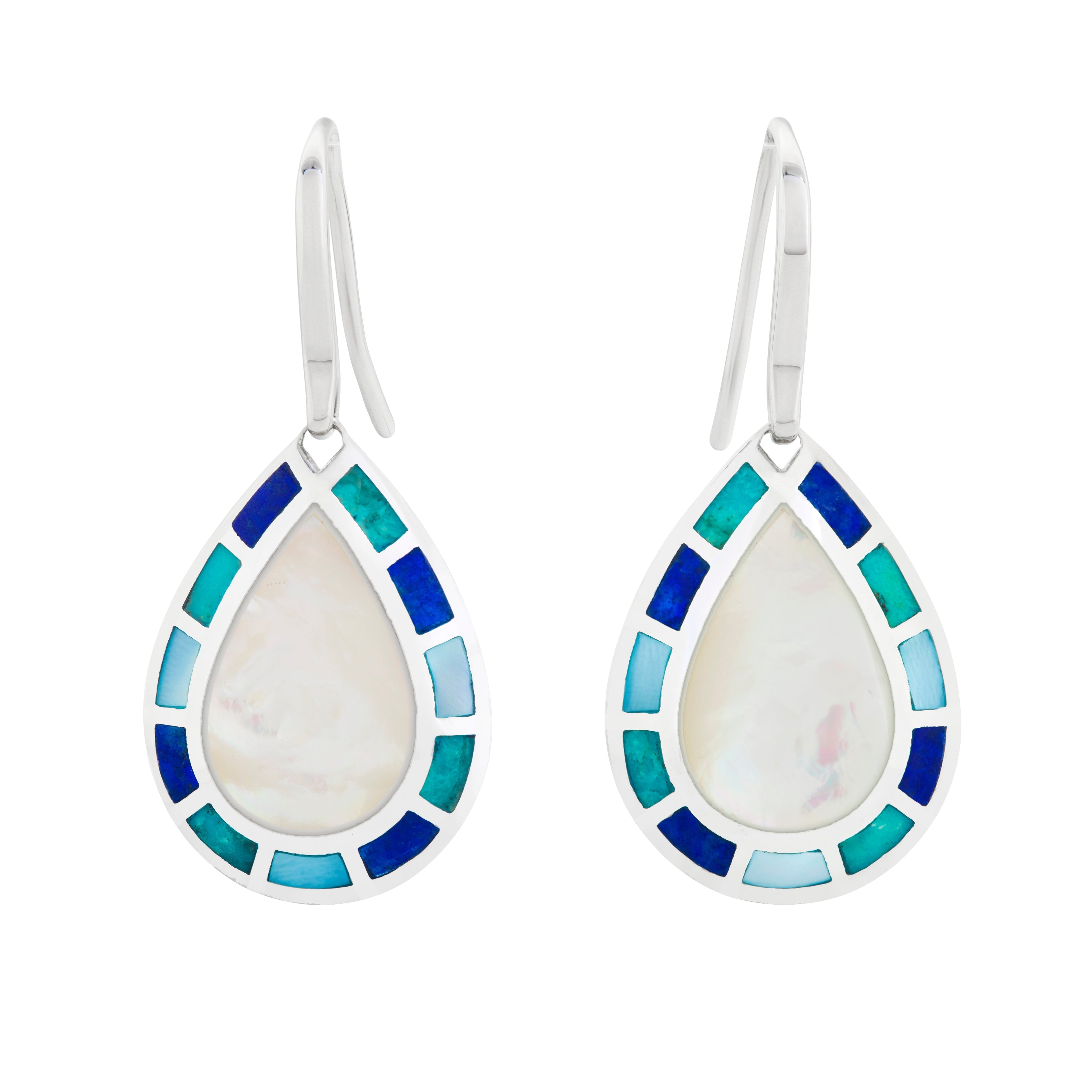 Sterling silver teardrop drop earrings with white mother-of-pearl center and multi-blue enamel mosaic tile border by Jan Leslie.
