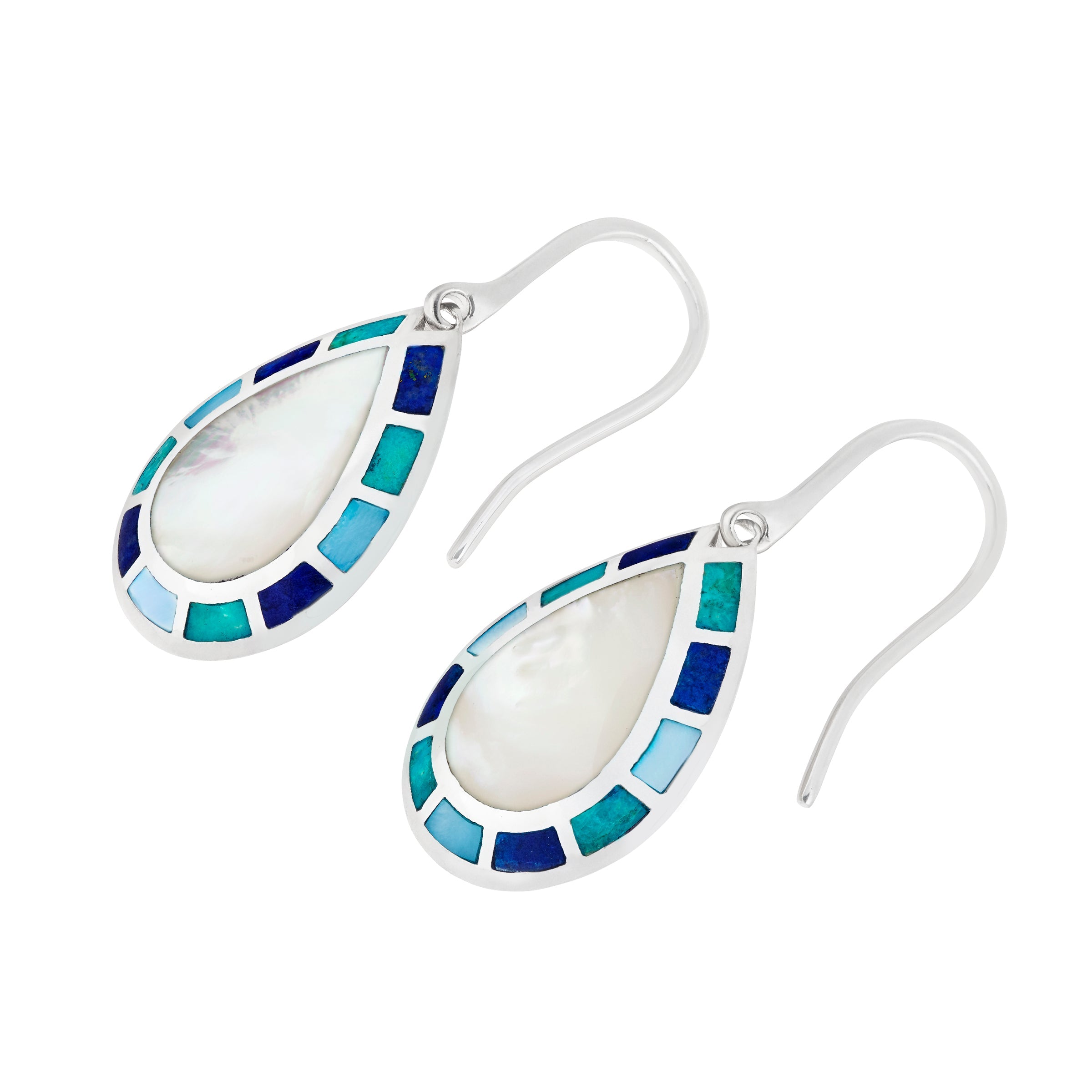 Sterling silver teardrop drop earrings with white mother-of-pearl center and cobalt teal blue enamel mosaic border by Jan Leslie.