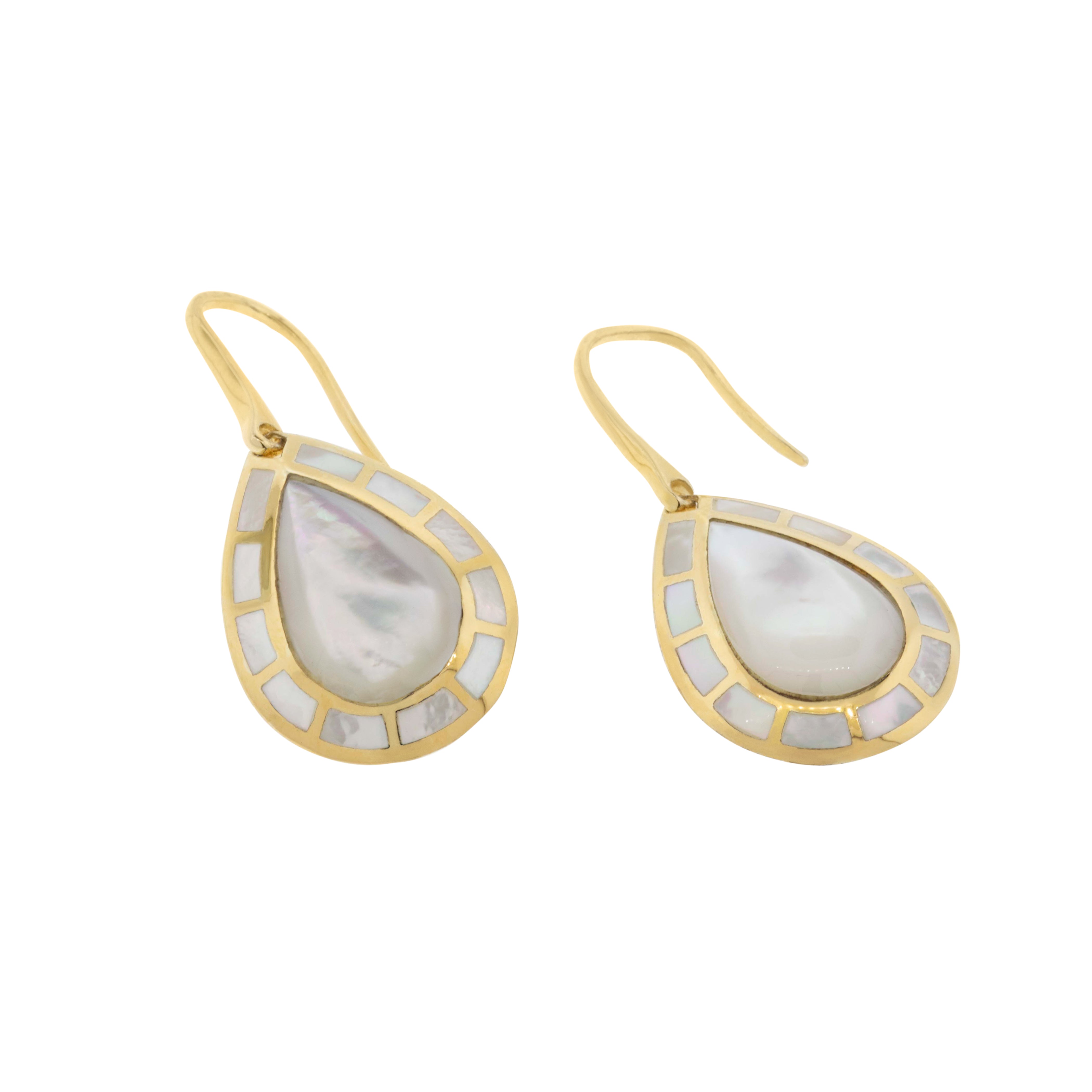 Pear Mother-of-Pearl Center & Mother-of-Pearl Mosaic Halo Inlay 18K Gold French Hook Drop Earrings — Product View - Jan Leslie 
