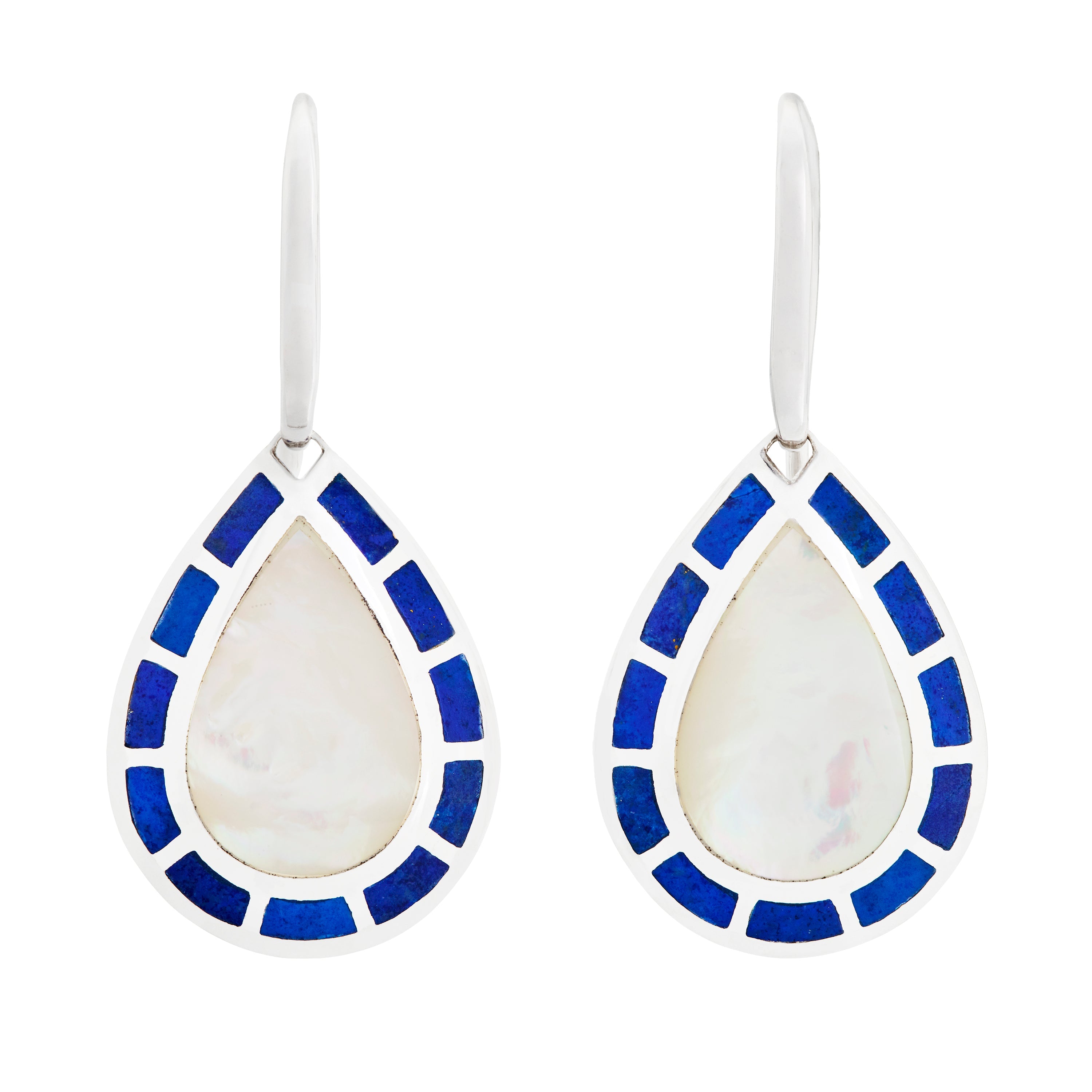 Sterling silver teardrop drop earrings with white mother-of-pearl center and cobalt blue enamel tile border by Jan Leslie.