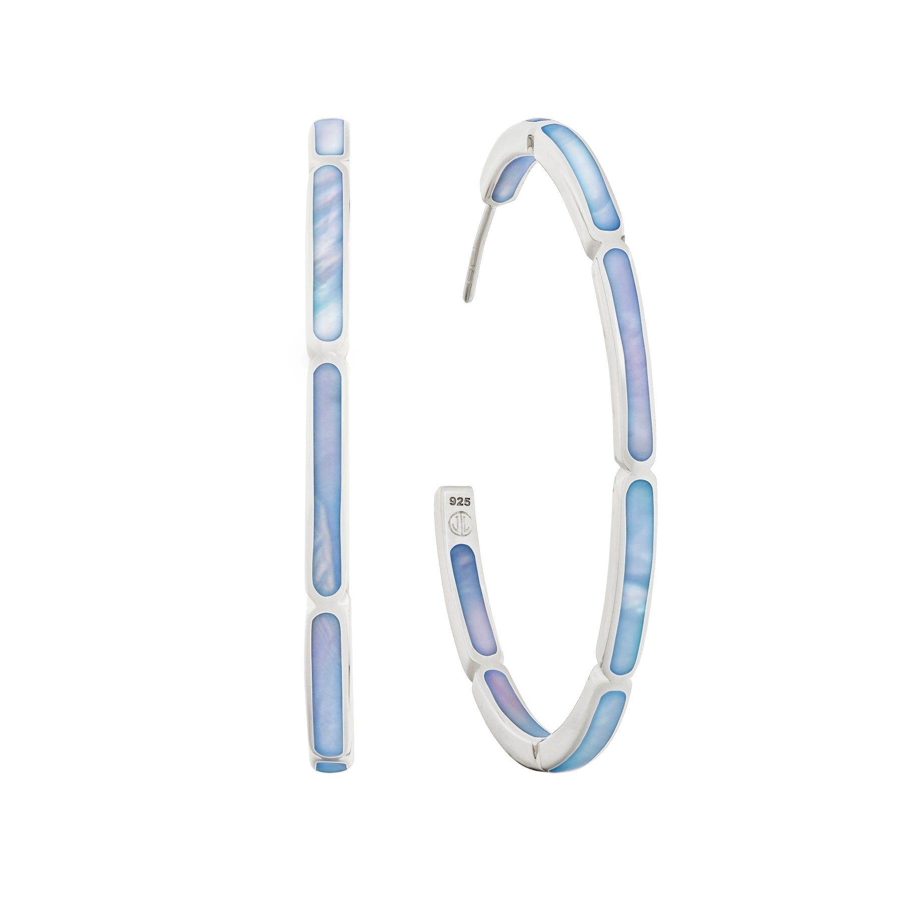 Sterling silver large hoop earrings with blue mother-of-pearl rectangular station inlay by Jan Leslie.