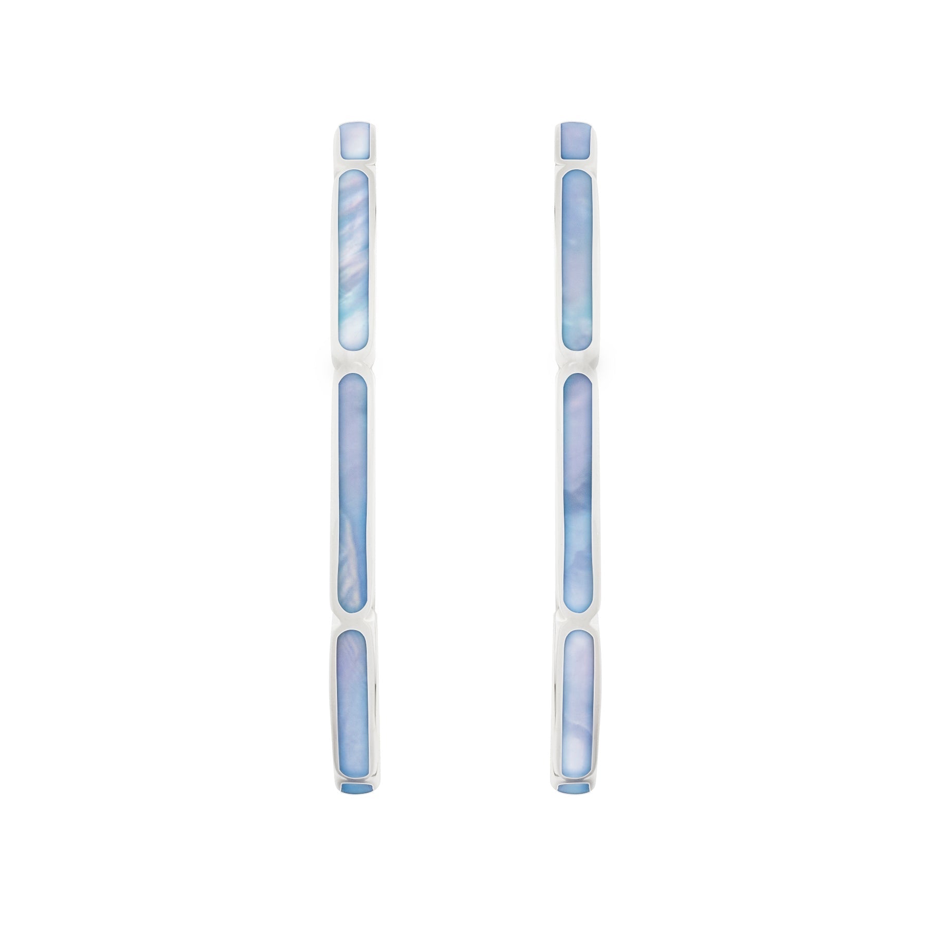 Sterling silver blue mother-of-pearl station hoop earrings shown flat displaying inner and outer profile by Jan Leslie.